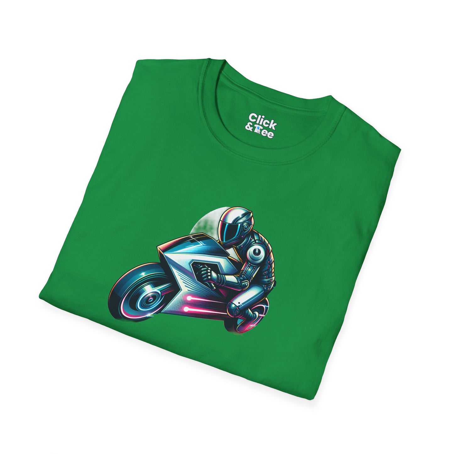Synthwave T-Shirt - Futuristic Racer Riding a futuristic light bike - Synthwave Style T-Shirt