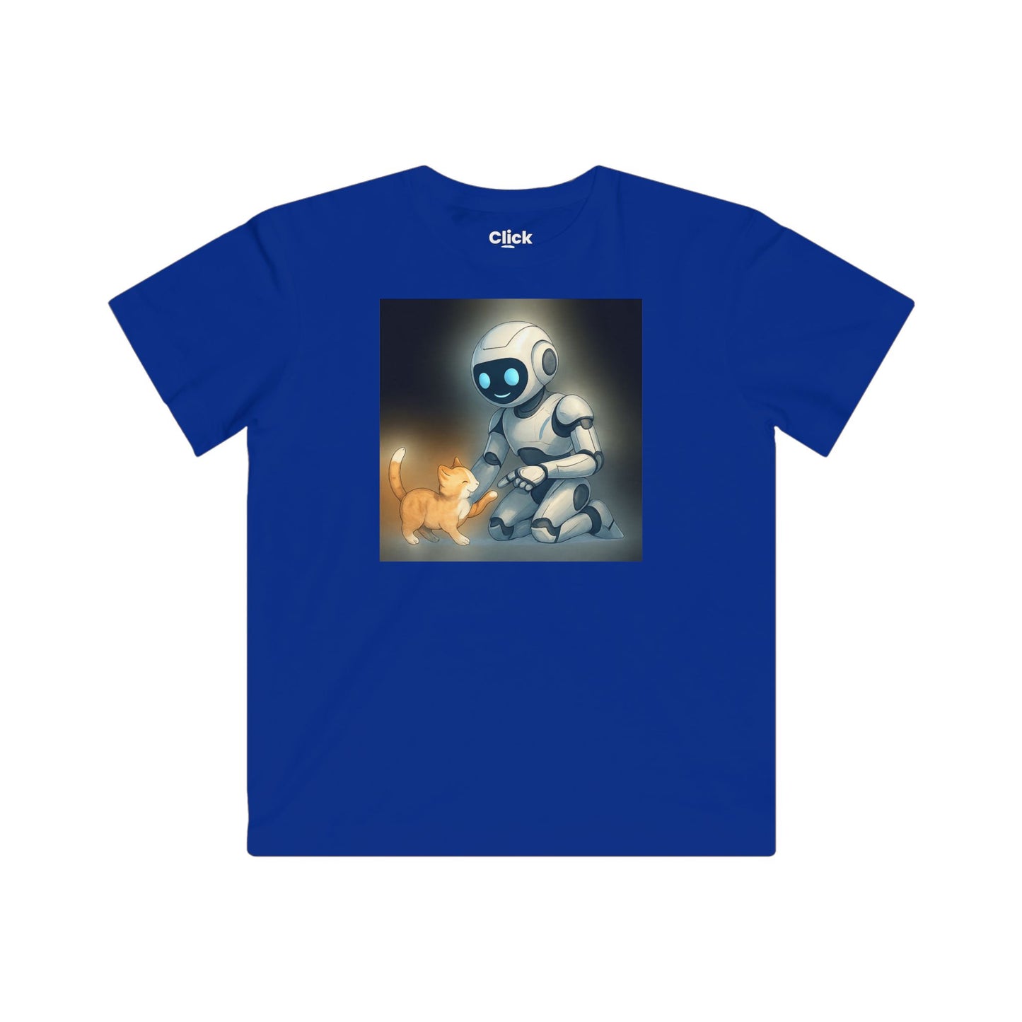 Kids Futuristic T-Shirt - Happy AI Humanoid Robot Playing with a kitten - Futuristic Style T-Shirt