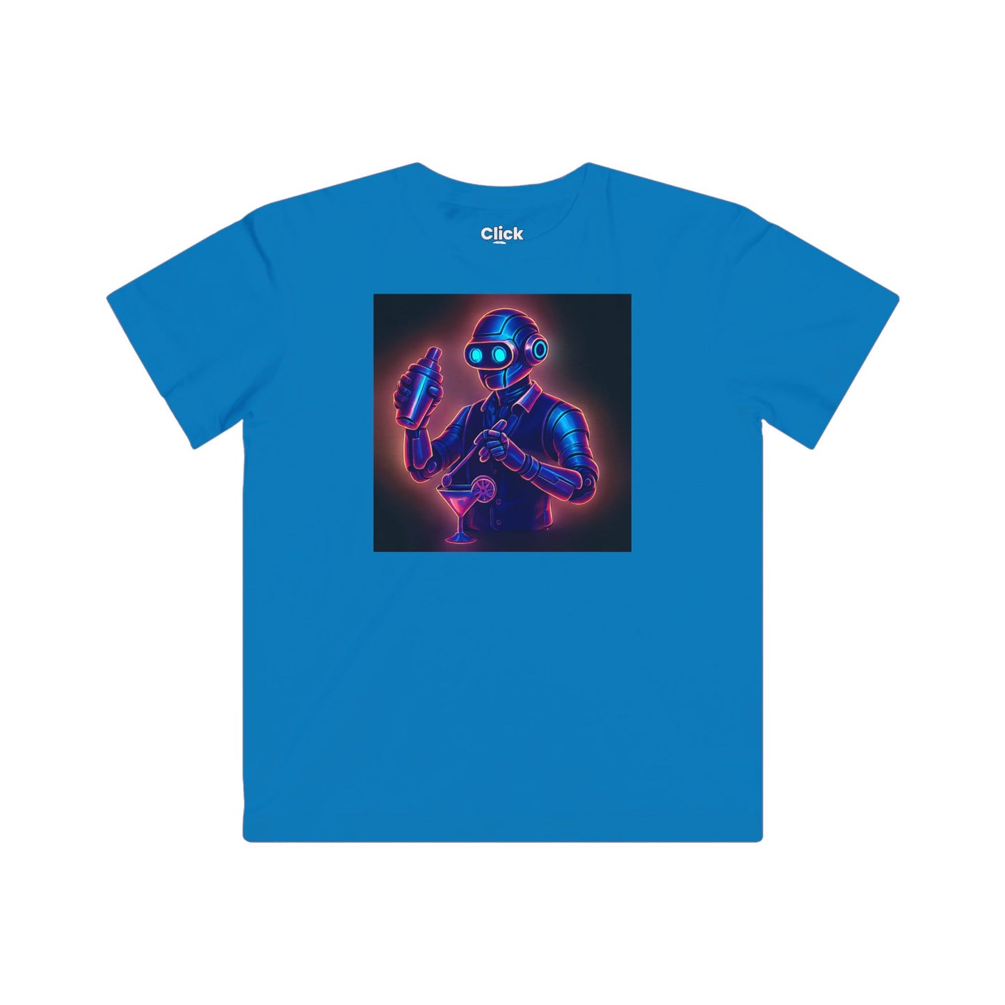 Kids Synthwave T-Shirt - Charming Robot Bartender Mixing a Cocktail - Synthwave Style T-Shirt