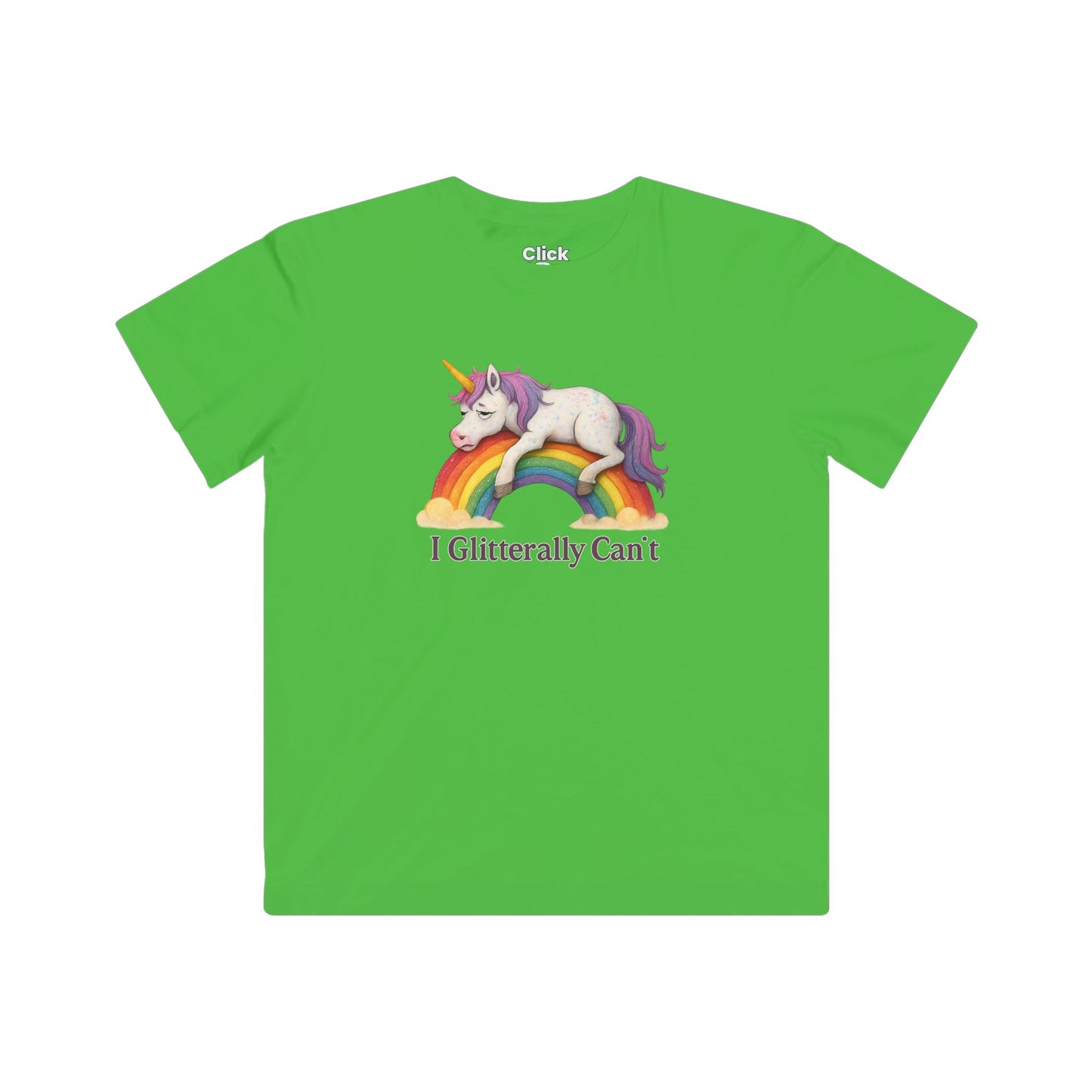 Kids Fantasy T-Shirt - Tired Glittery Magical Unicorn Lying down collapsed on a rainbow - Fantasy Style T-Shirt