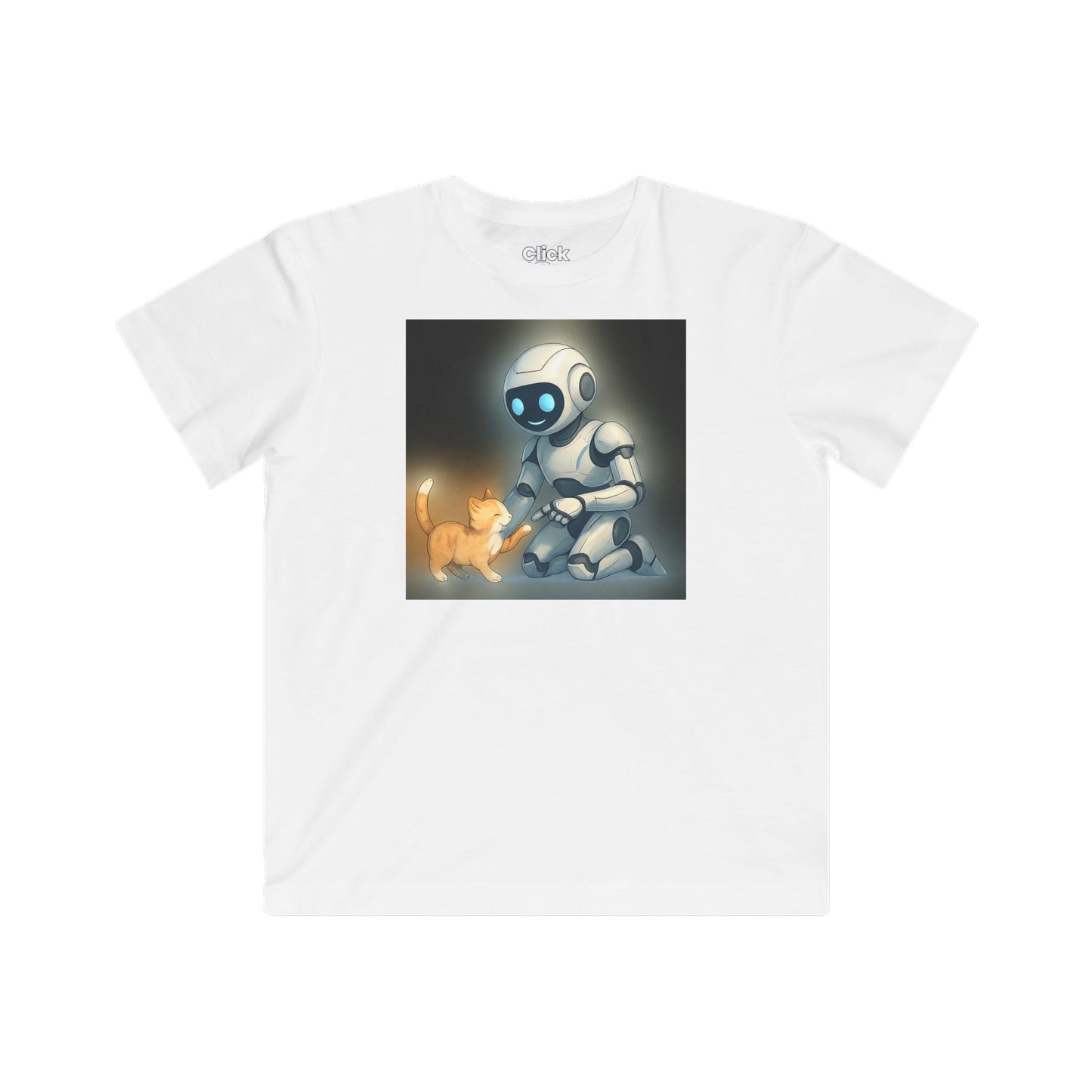 Kids Futuristic T-Shirt - Happy AI Humanoid Robot Playing with a kitten - Futuristic Style T-Shirt