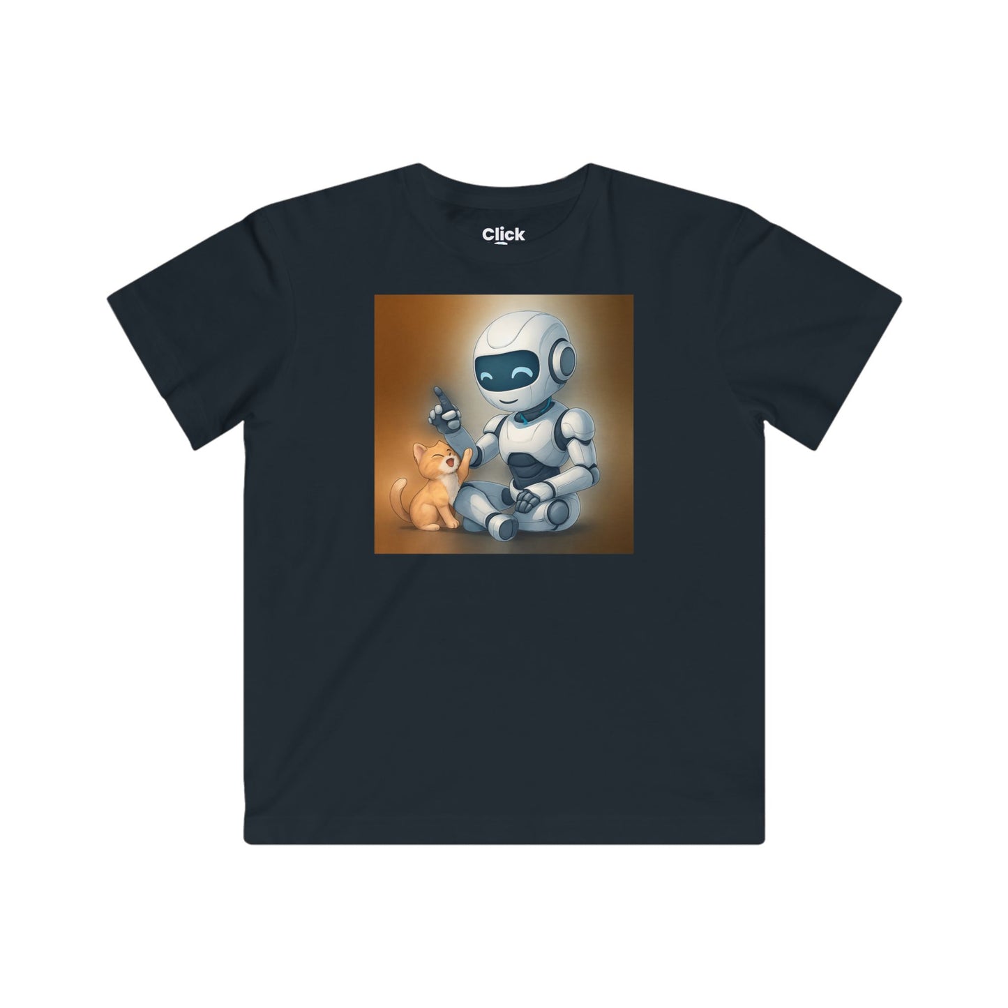 Kids Futuristic T-Shirt - Happy AI Humanoid Robot Playing with a kitten - Futuristic Style T-Shirt