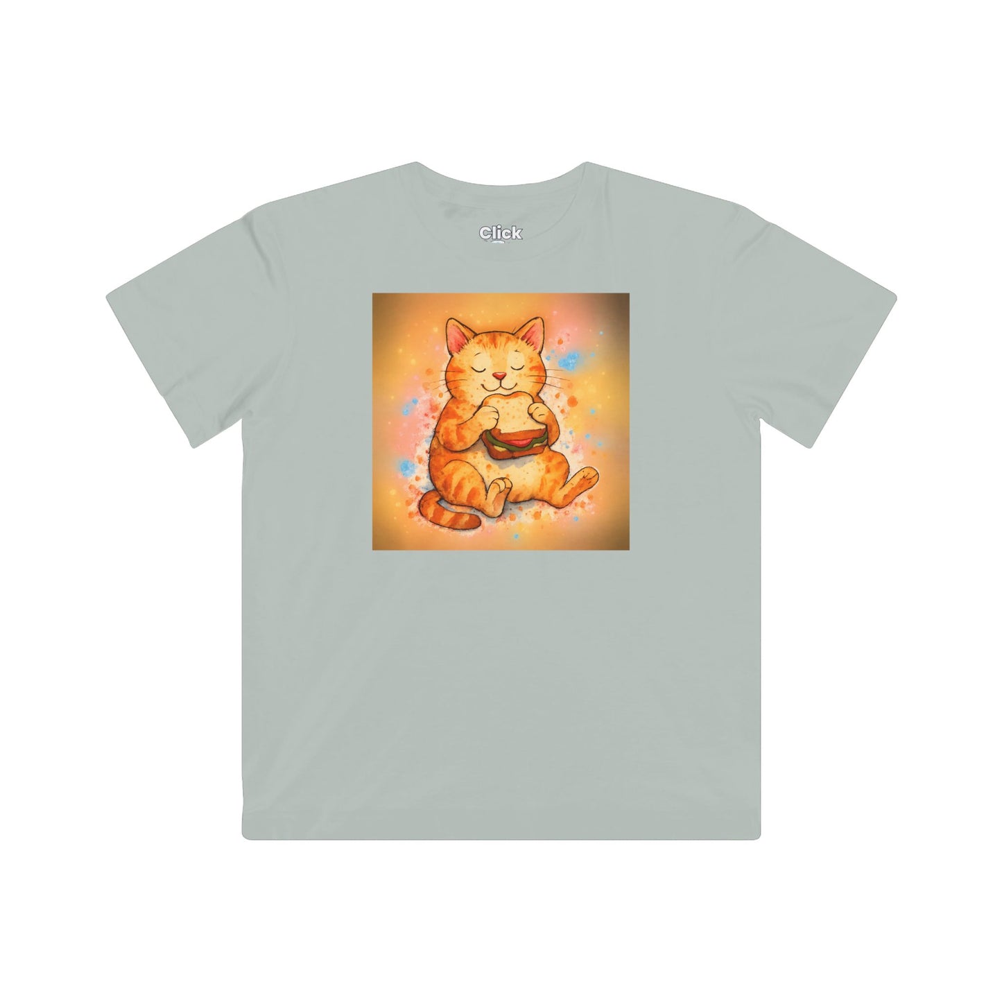 Kids Color Splatter T-Shirt - Relaxed Cat Eating a Sandwhich - Color Splatter Style T-Shirt