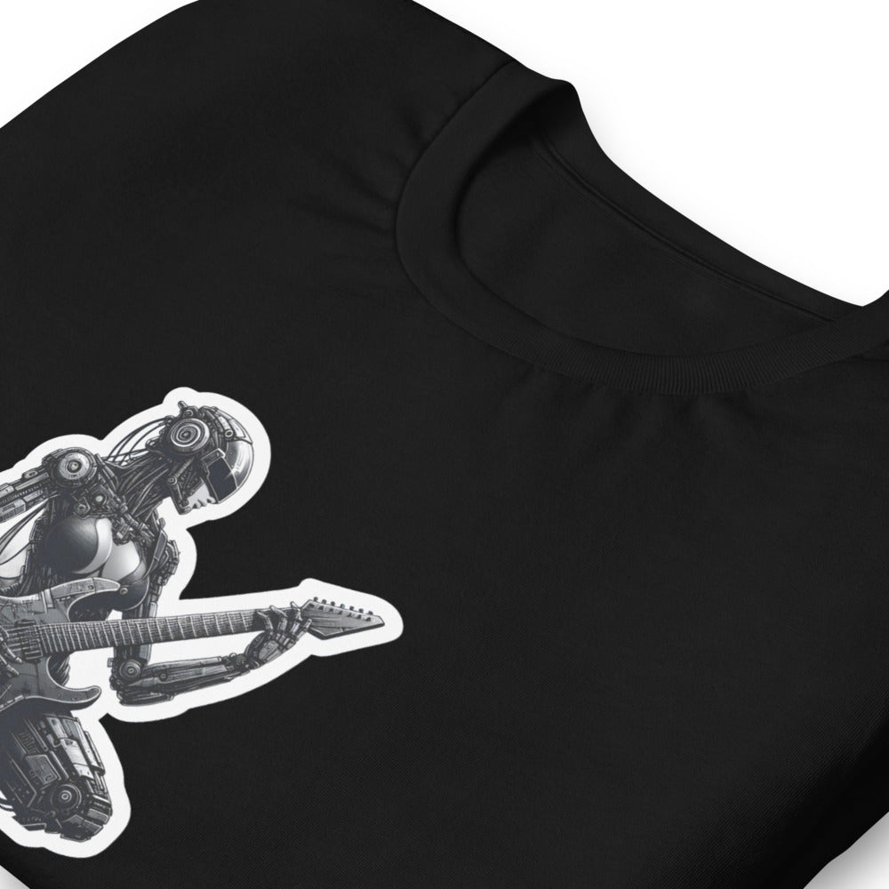 Cyberpunk T-Shirt - Post-Apocalyptic Futuristic Female Robot Playing an electric guitar - Cyberpunk Style T-Shirt
