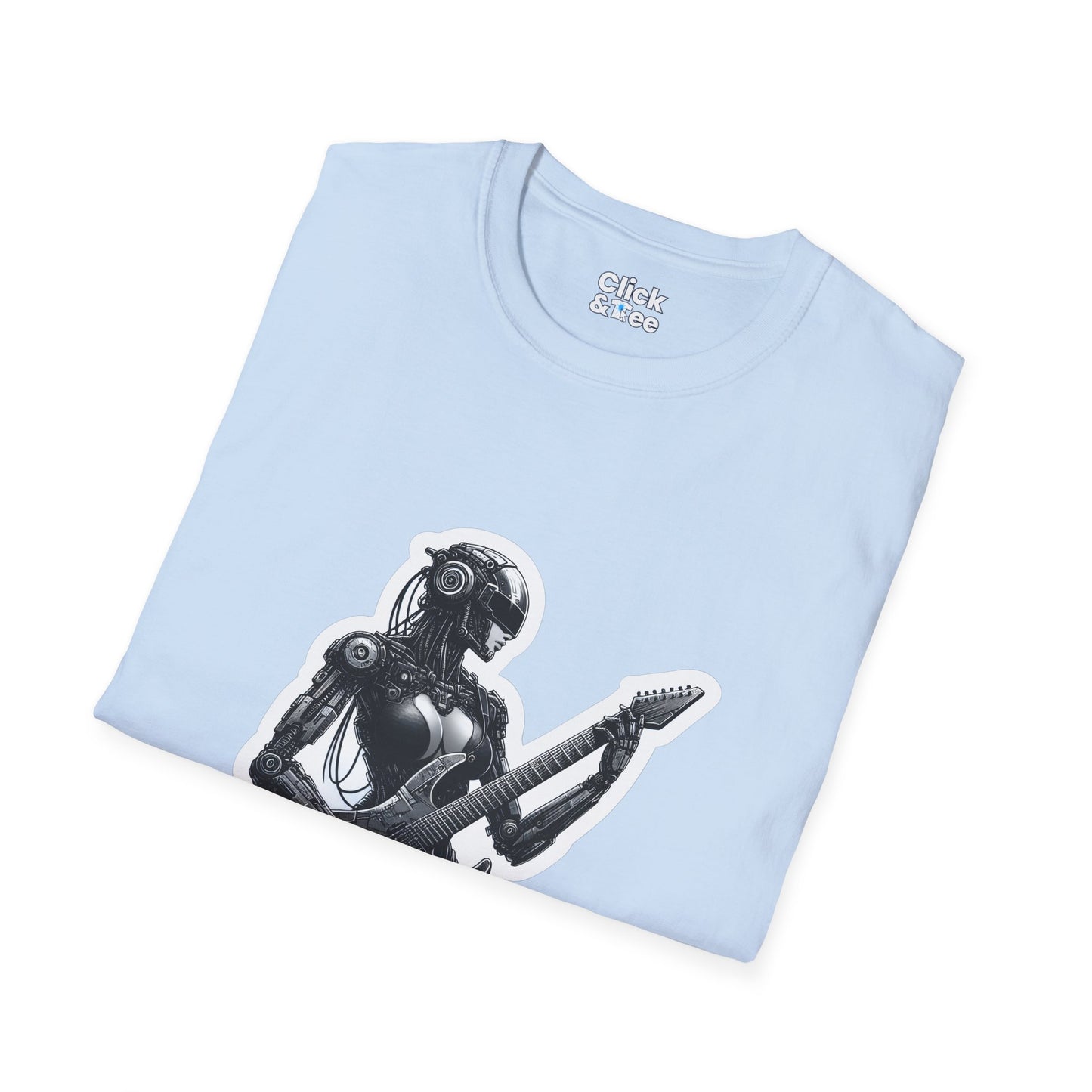 Cyberpunk T-Shirt - Post-Apocalyptic Futuristic Female Robot Playing an electric guitar - Cyberpunk Style T-Shirt
