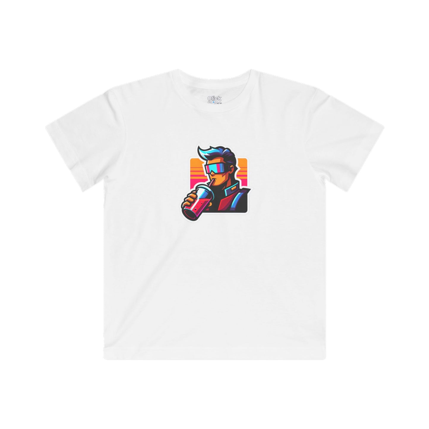 Kids Cartoon T-Shirt - Retro-futuristic Maverick Drinking a Smoothie - Cartoon Style T-Shirt