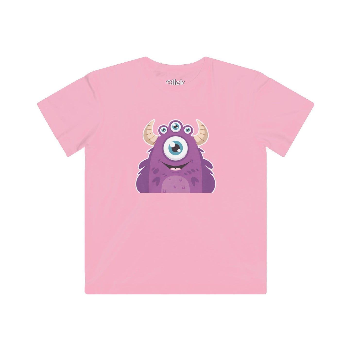 Kids Cartoon T-Shirt - Purple Monster Three eyes with horns and smiling - Cartoon Style T-Shirt