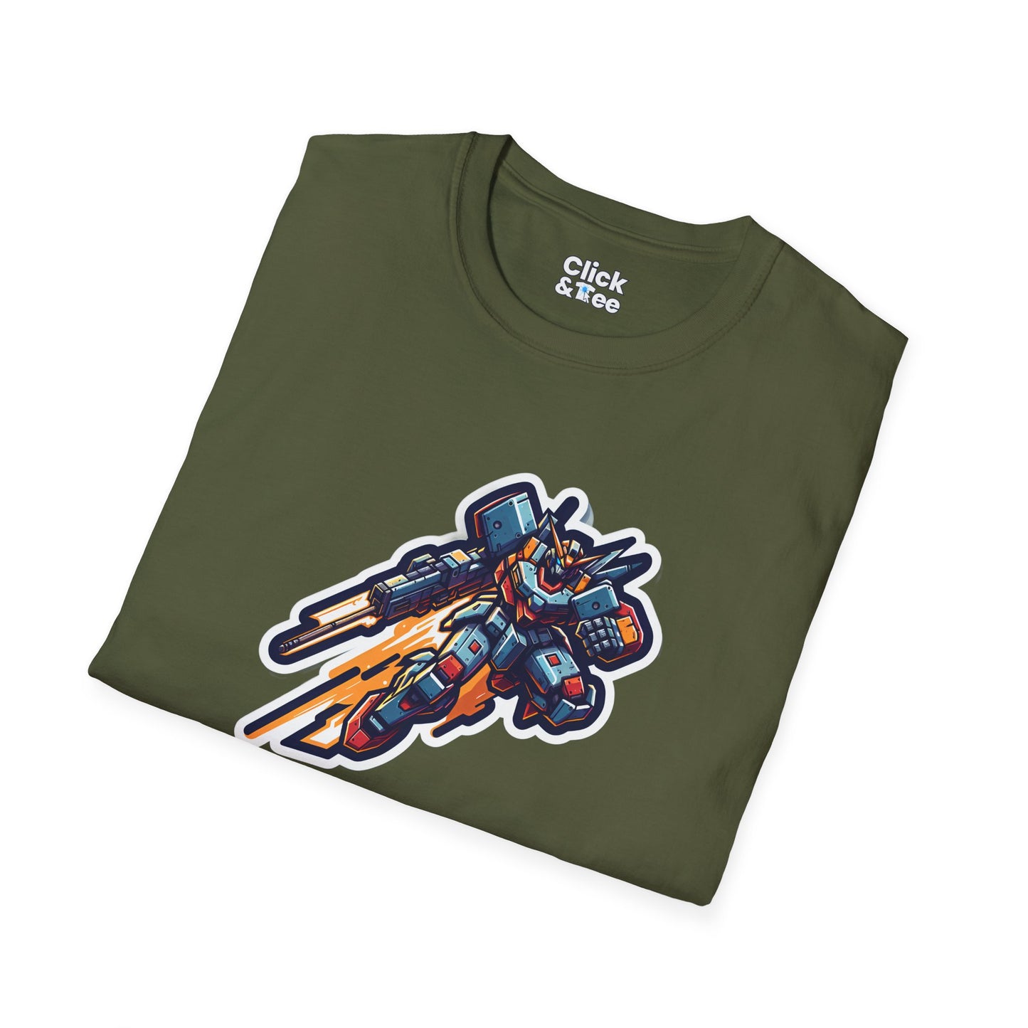 Retro T-Shirt - Battle-scarred Warrior mech rocketing through the air - Retro Style T-Shirt