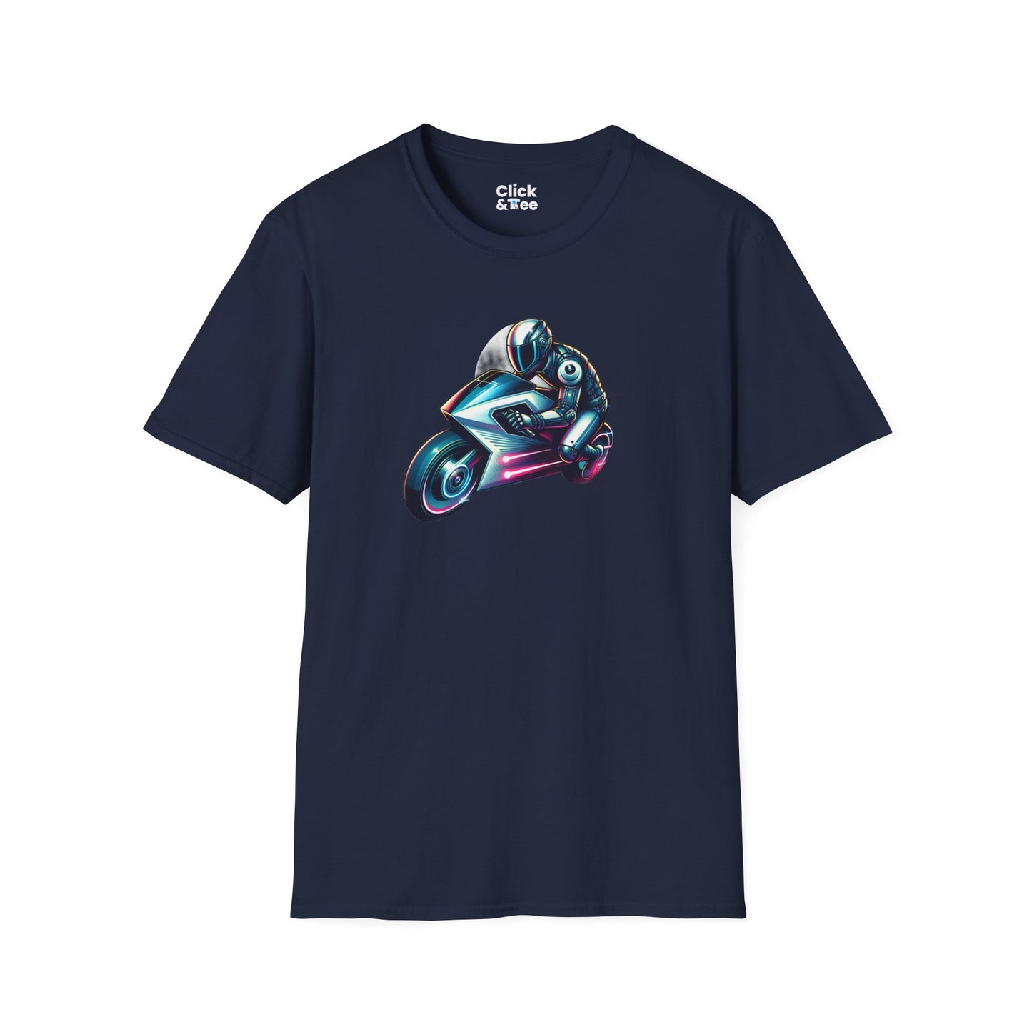 Synthwave T-Shirt - Futuristic Racer Riding a futuristic light bike - Synthwave Style T-Shirt