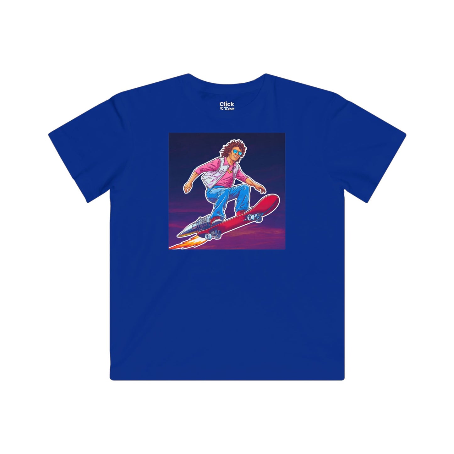 Kids 80s Neon T-Shirt - Tousled Adventurer Riding a Rocket-Powered Skateboard - 80s Neon Style T-Shirt