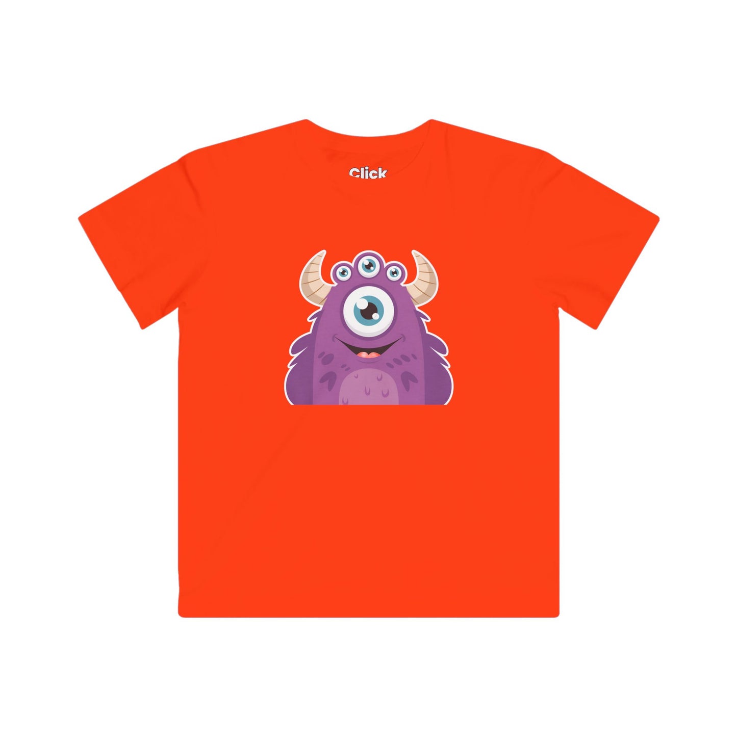 Kids Cartoon T-Shirt - Purple Monster Three eyes with horns and smiling - Cartoon Style T-Shirt