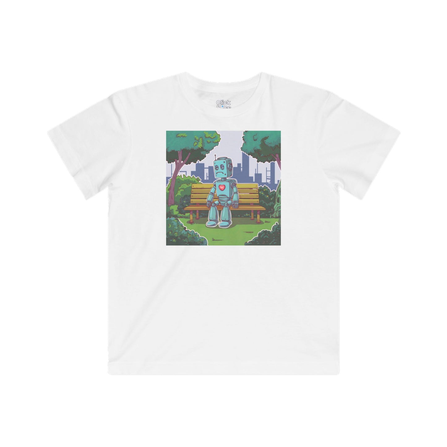 Kids Cyberpunk T-Shirt - Lonely Sad Robot Sitting on a Bench - Cyberpunk Style T-Shirt
