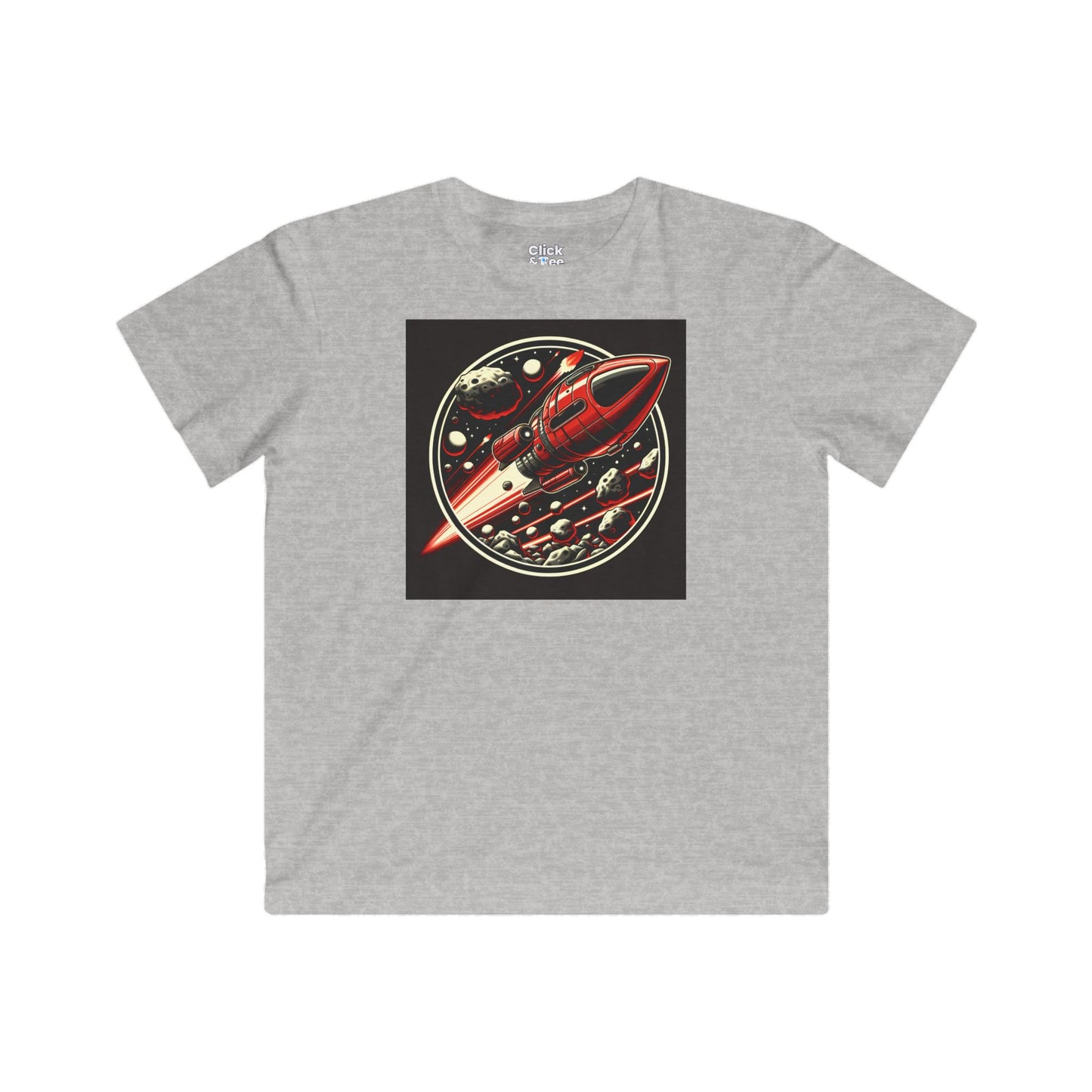 Kids Realistic T-Shirt - Retro-Futuristic Red Rocketship Racing through a treacherous asteroid field - Realistic Style T-Shirt