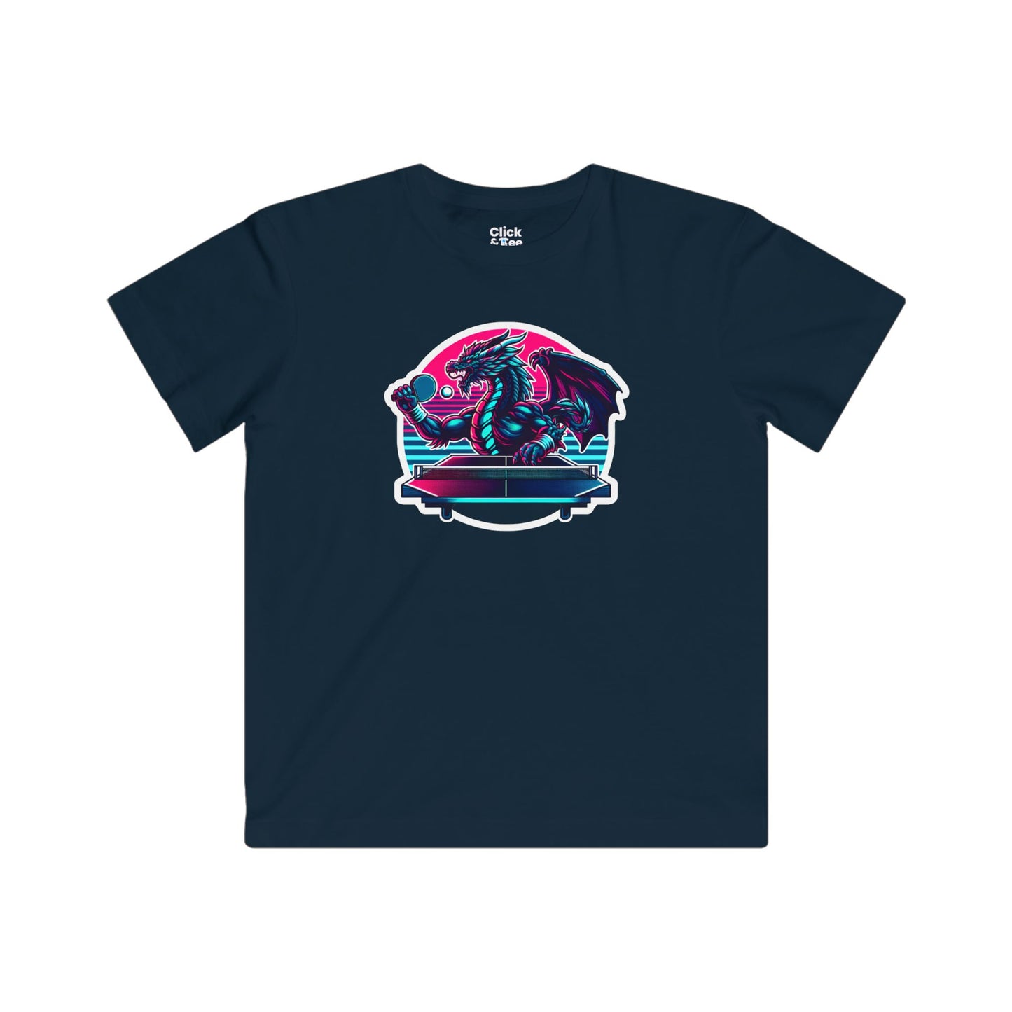 Kids Synthwave T-Shirt - Powerful Dragon Playing Ping Pong - Synthwave Style T-Shirt