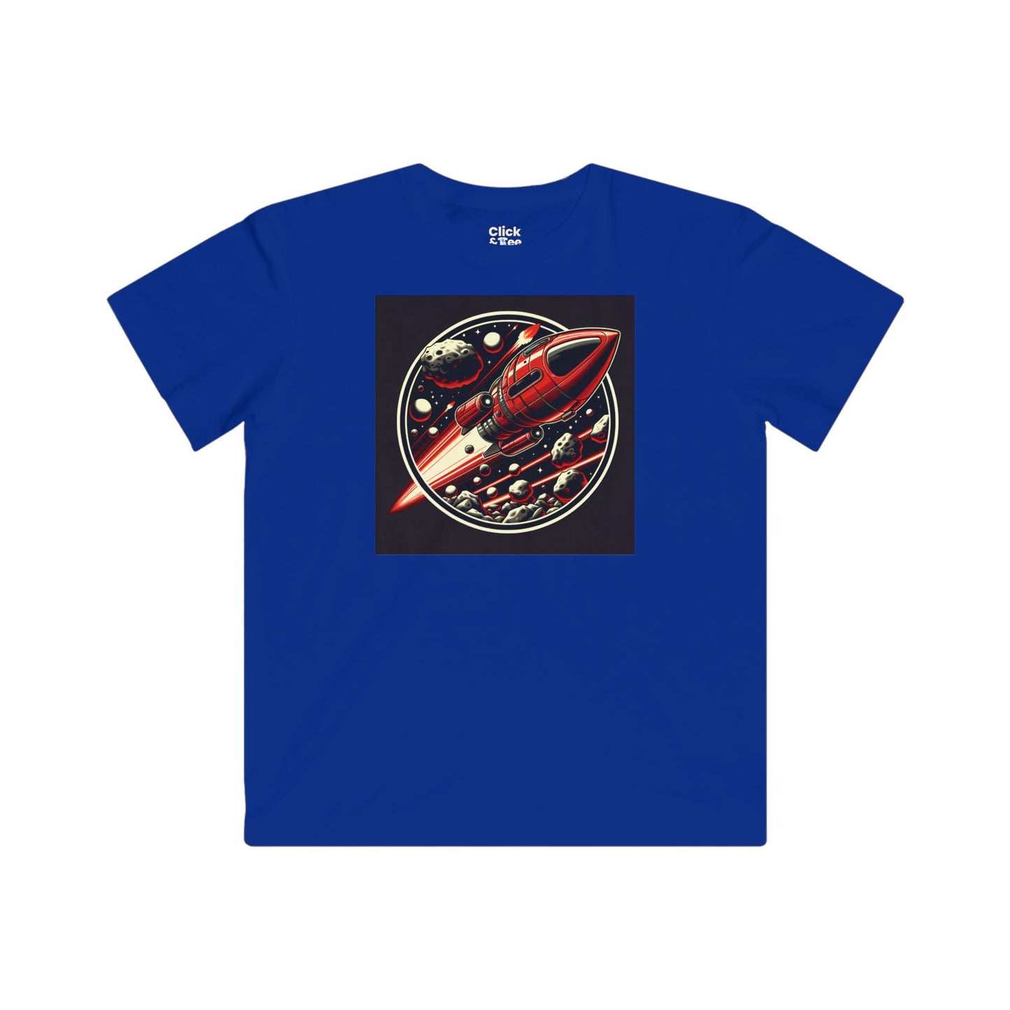 Kids Realistic T-Shirt - Retro-Futuristic Red Rocketship Racing through a treacherous asteroid field - Realistic Style T-Shirt