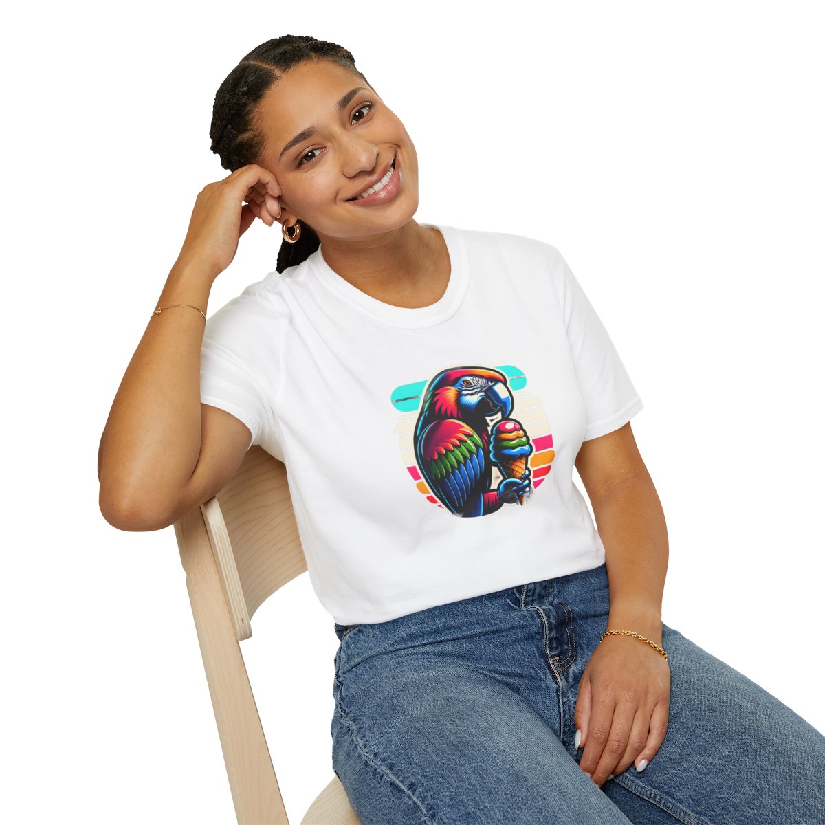 80s Neon T-Shirt - Tropical Parrot Eating rainbow ice cream - 80s Neon Style T-Shirt