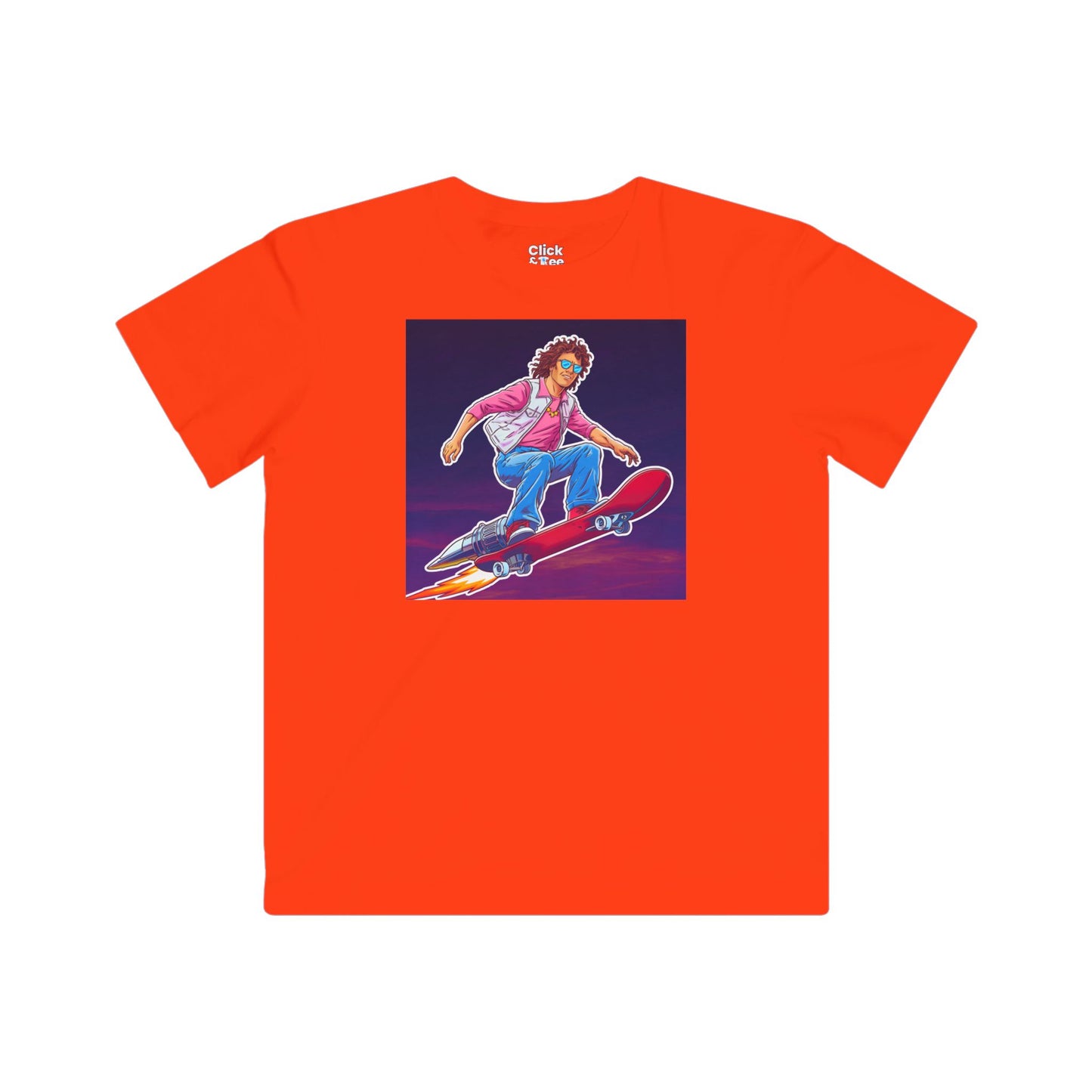Kids 80s Neon T-Shirt - Tousled Adventurer Riding a Rocket-Powered Skateboard - 80s Neon Style T-Shirt