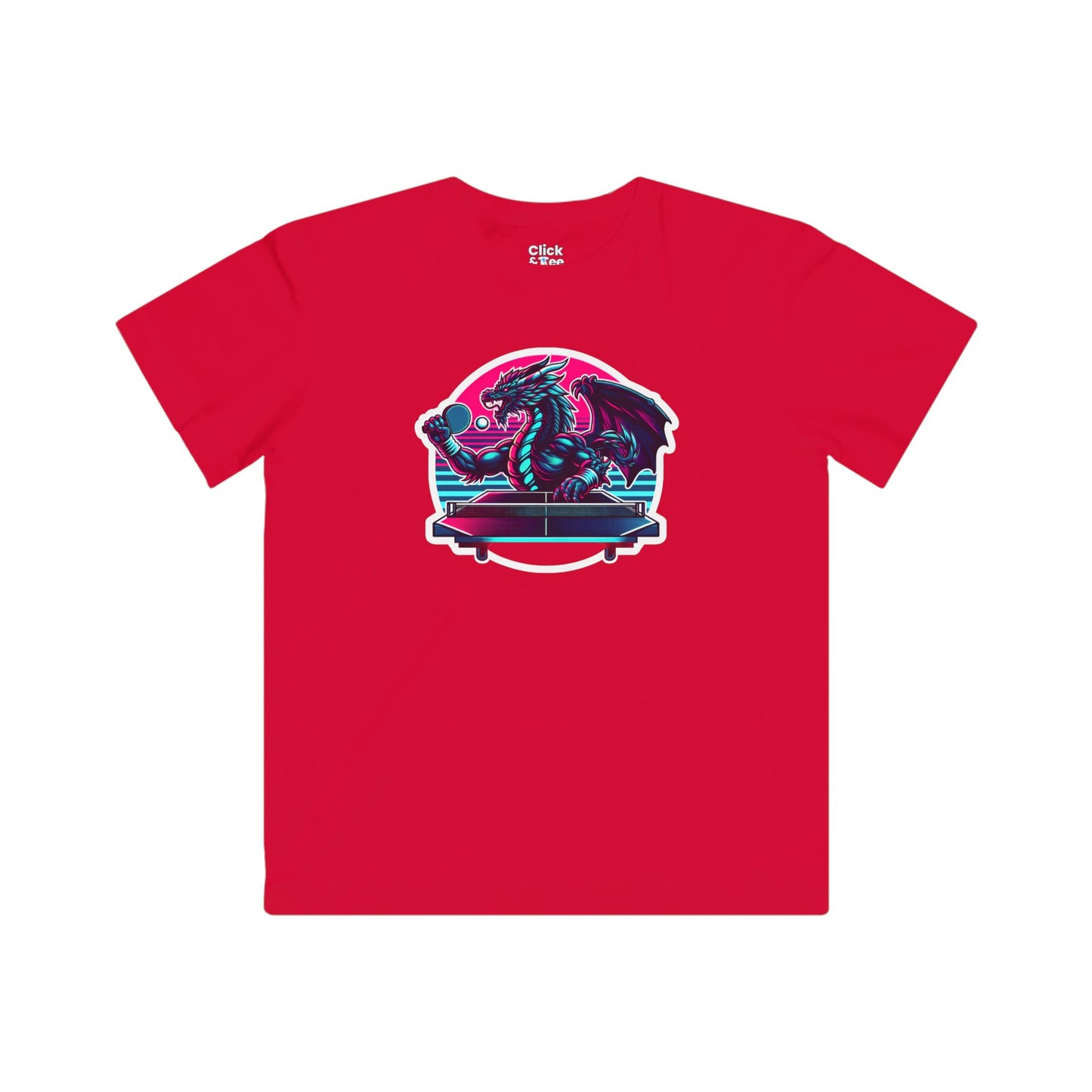 Kids Synthwave T-Shirt - Powerful Dragon Playing Ping Pong - Synthwave Style T-Shirt