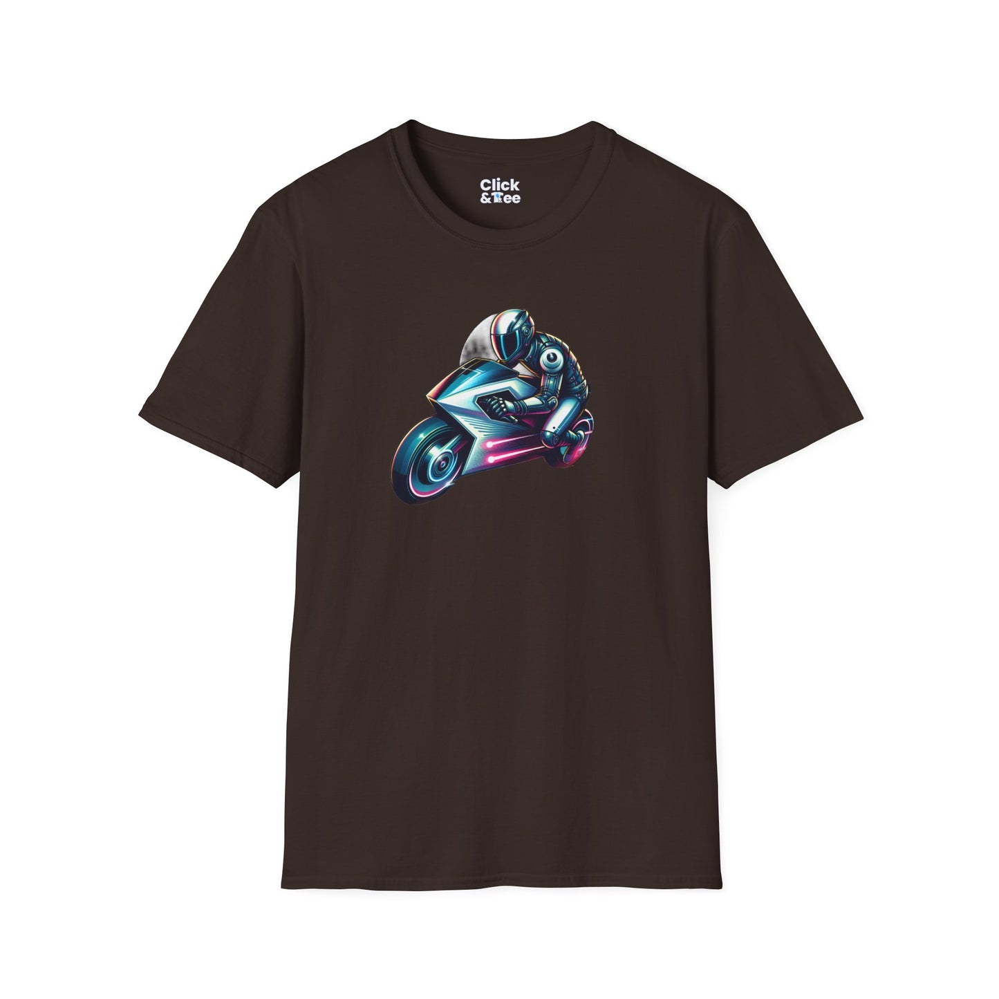 Synthwave T-Shirt - Futuristic Racer Riding a futuristic light bike - Synthwave Style T-Shirt