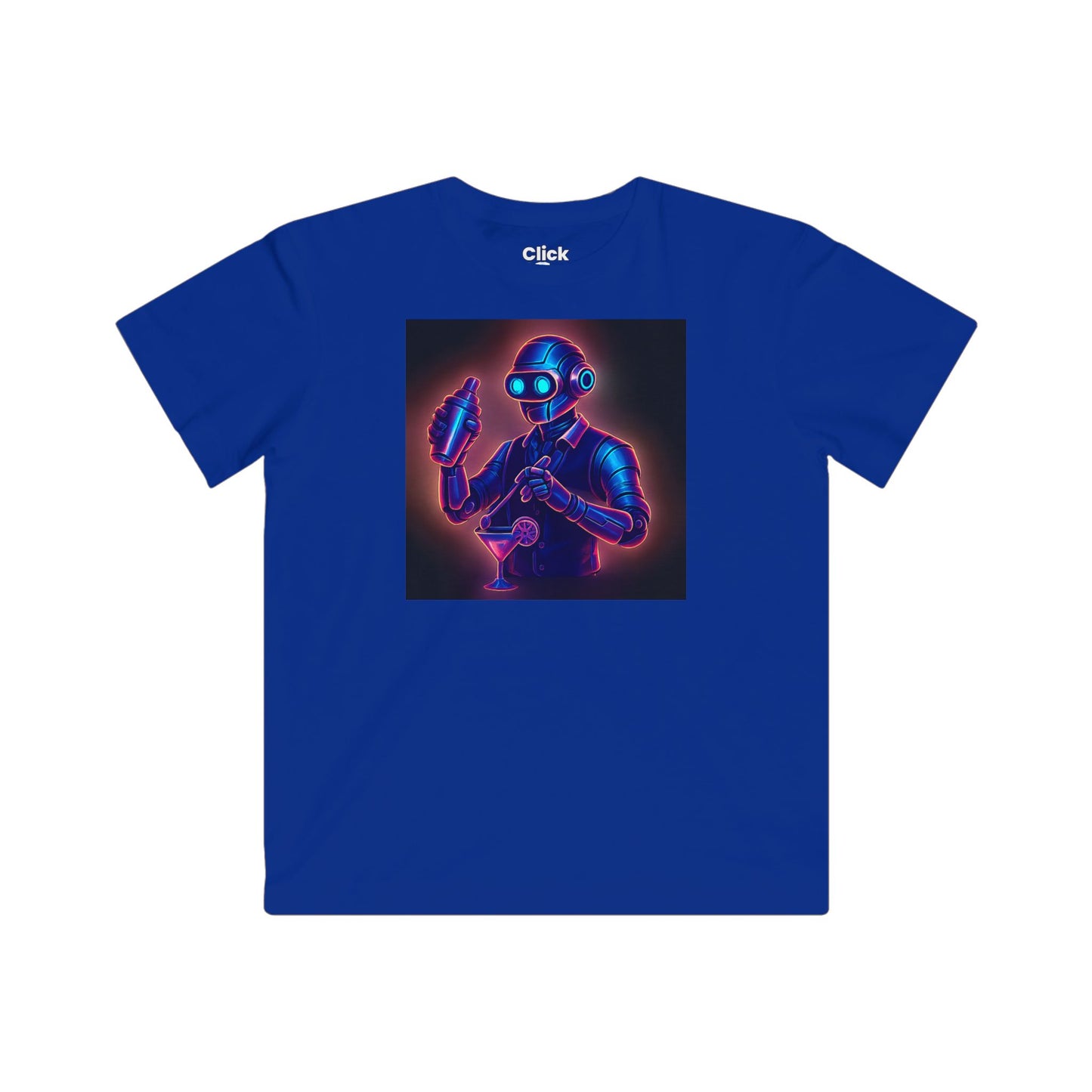 Kids Synthwave T-Shirt - Charming Robot Bartender Mixing a Cocktail - Synthwave Style T-Shirt