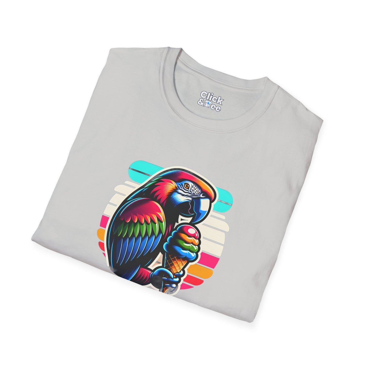 80s Neon T-Shirt - Tropical Parrot Eating rainbow ice cream - 80s Neon Style T-Shirt