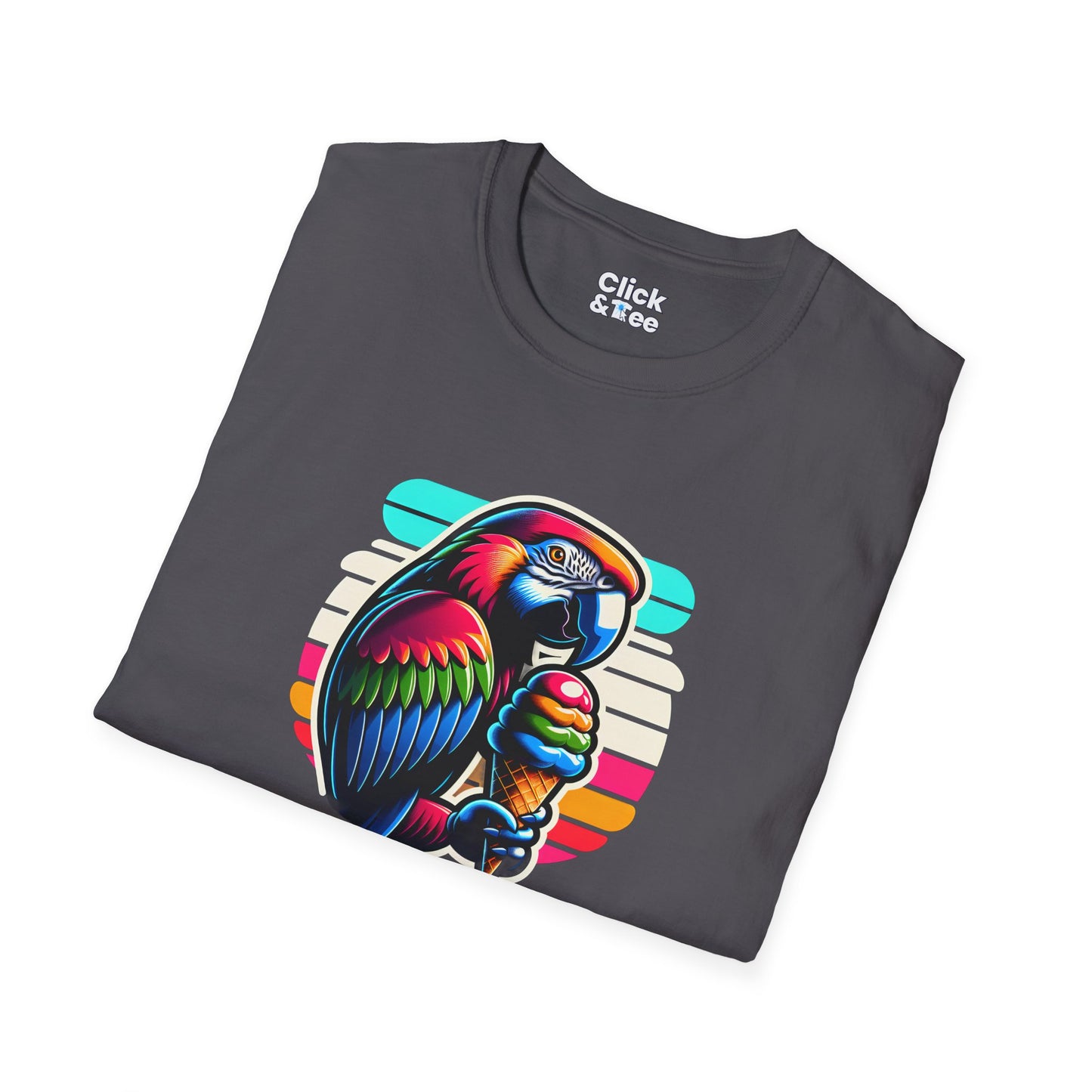 80s Neon T-Shirt - Tropical Parrot Eating rainbow ice cream - 80s Neon Style T-Shirt