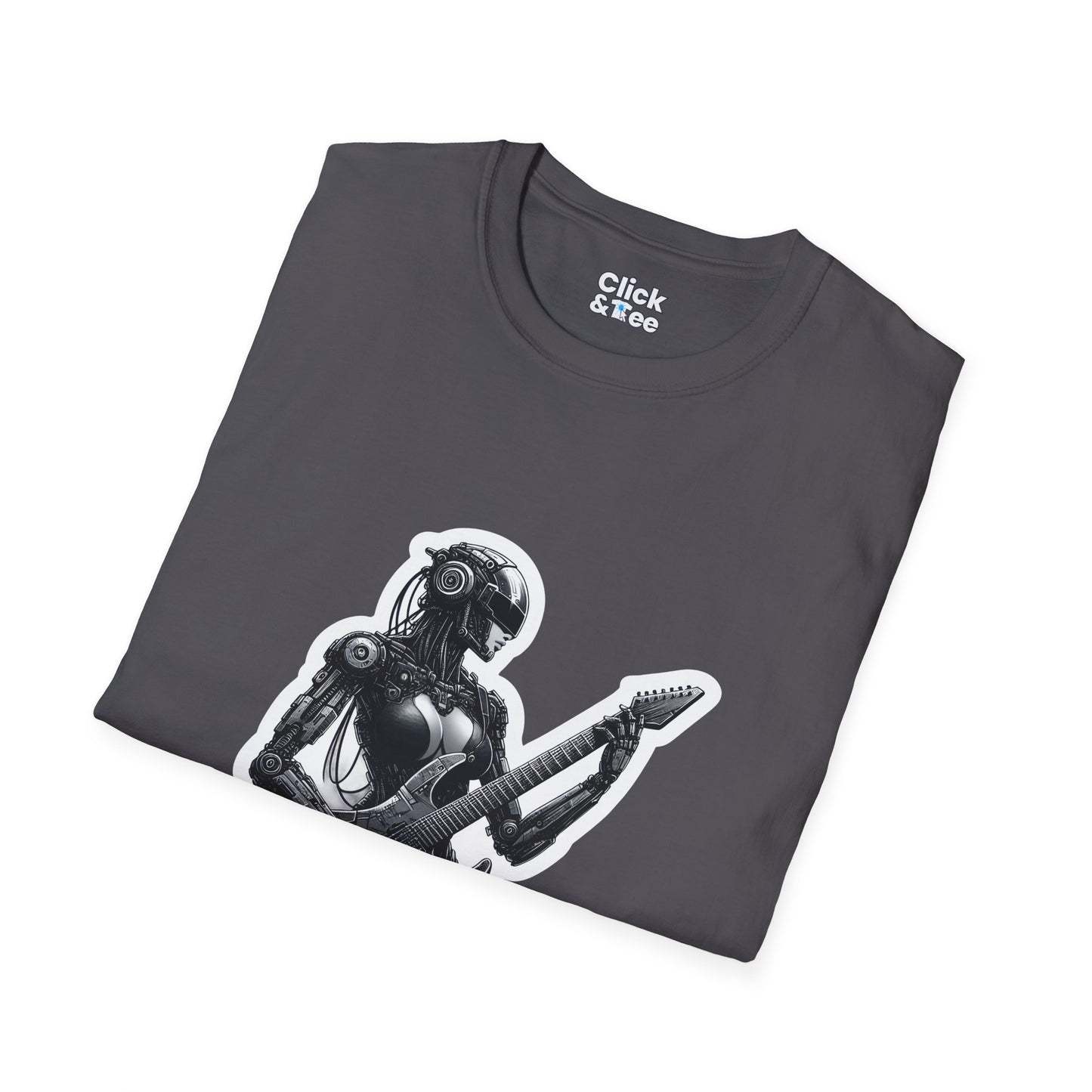 Cyberpunk T-Shirt - Post-Apocalyptic Futuristic Female Robot Playing an electric guitar - Cyberpunk Style T-Shirt