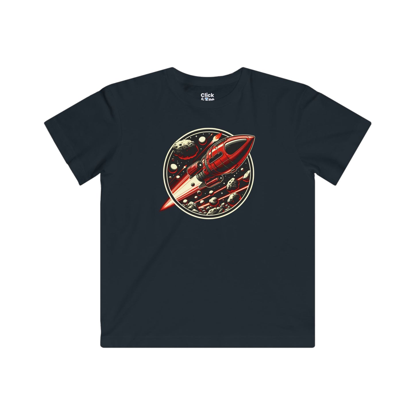 Kids Realistic T-Shirt - Retro-Futuristic Red Rocketship Racing through a treacherous asteroid field - Realistic Style T-Shirt