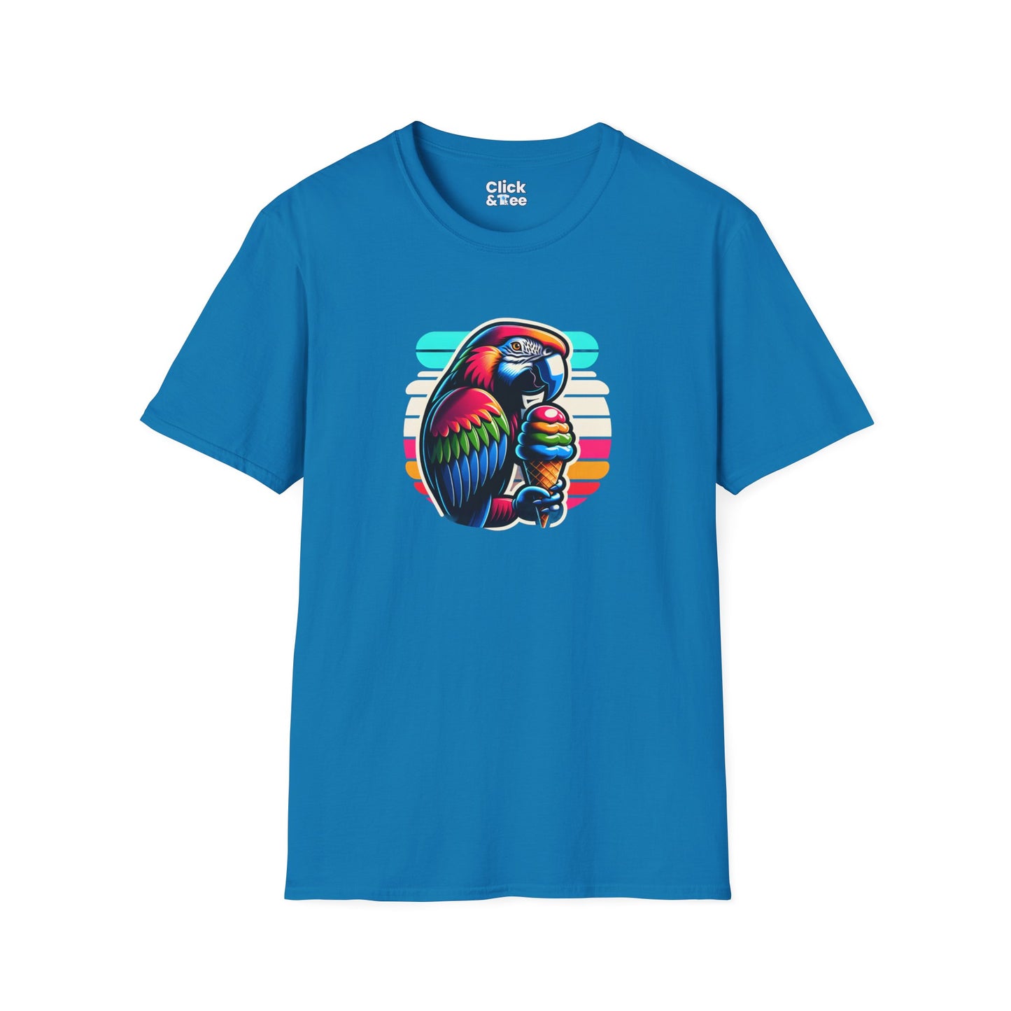 80s Neon T-Shirt - Tropical Parrot Eating rainbow ice cream - 80s Neon Style T-Shirt