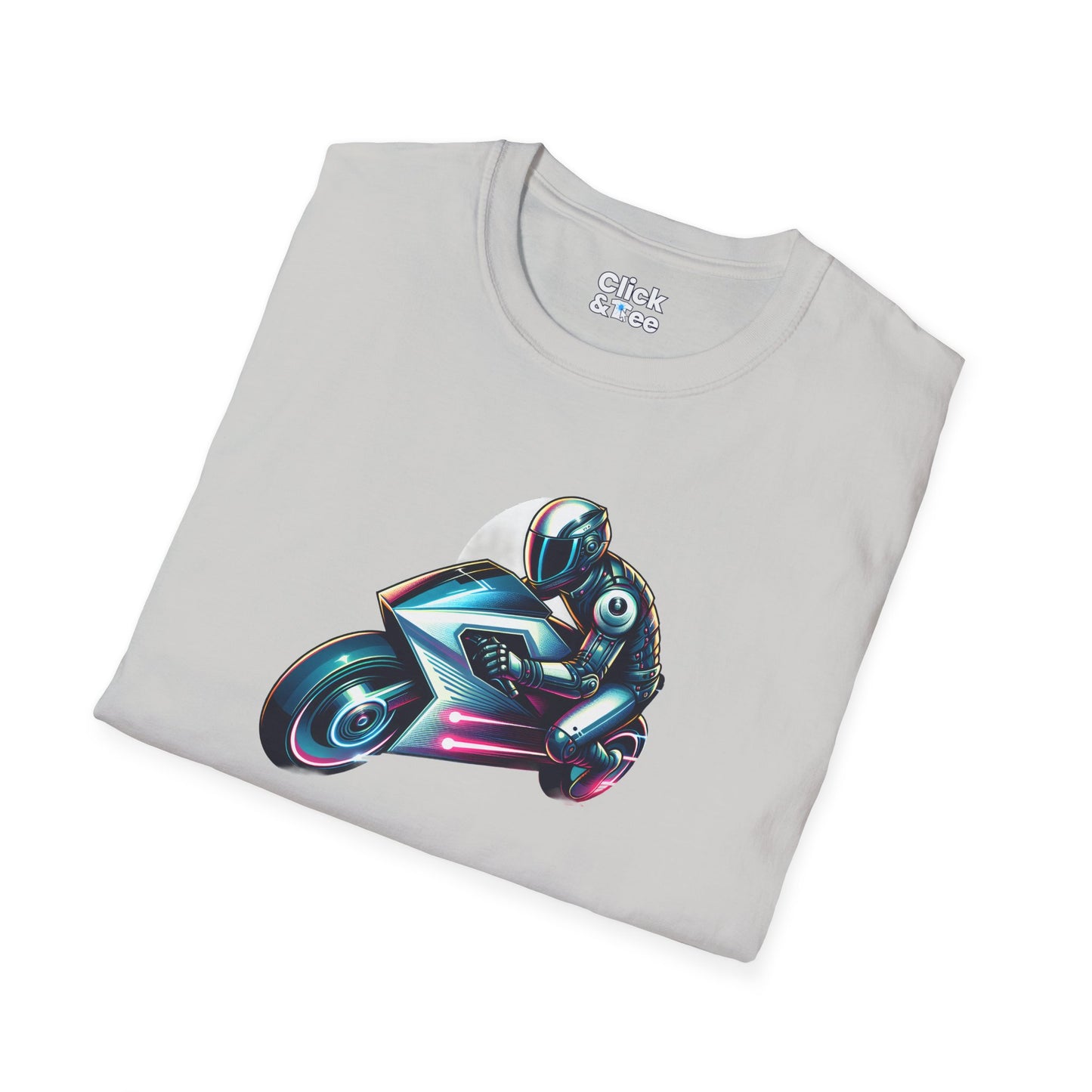 Synthwave T-Shirt - Futuristic Racer Riding a futuristic light bike - Synthwave Style T-Shirt