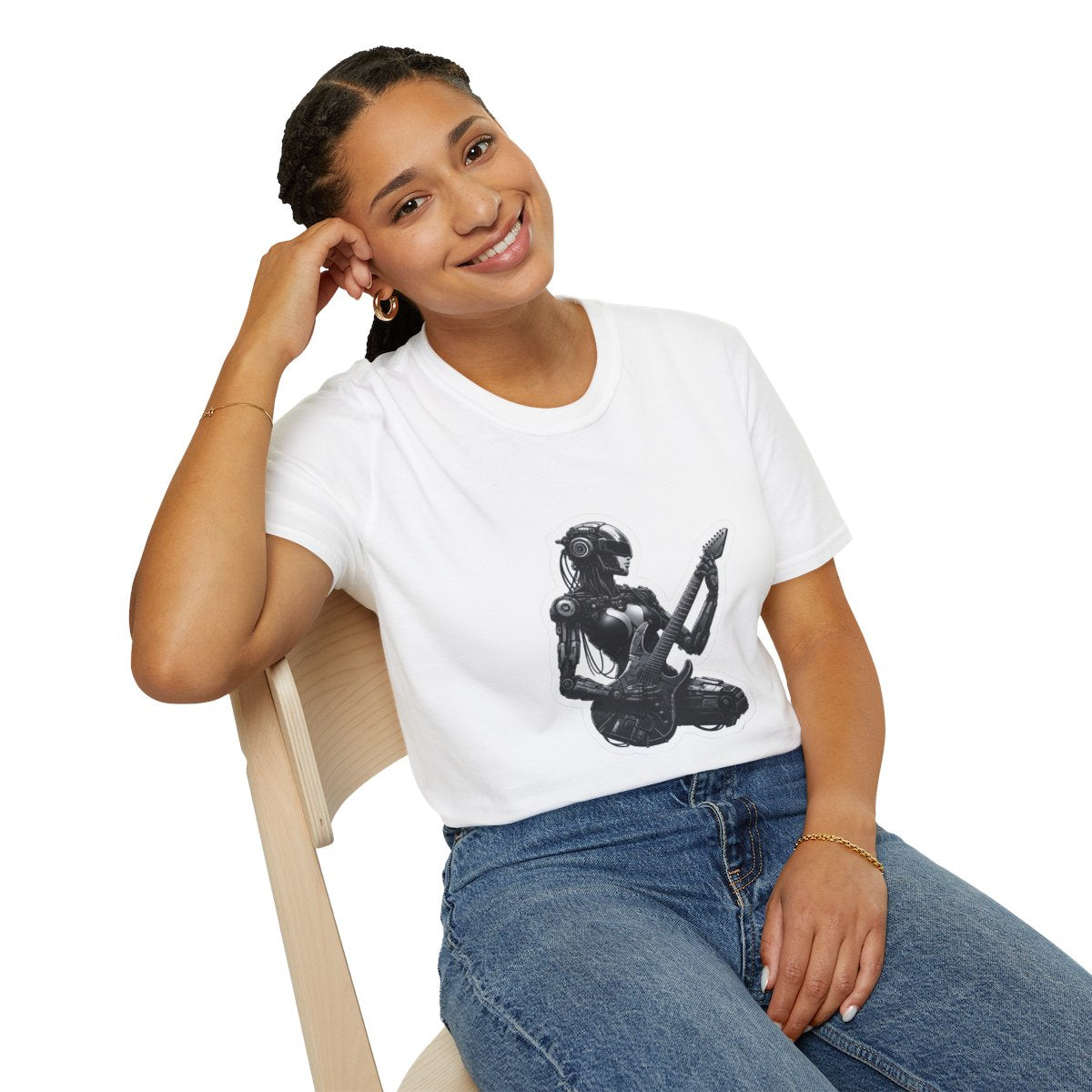 Cyberpunk T-Shirt - Post-Apocalyptic Futuristic Female Robot Playing an electric guitar - Cyberpunk Style T-Shirt