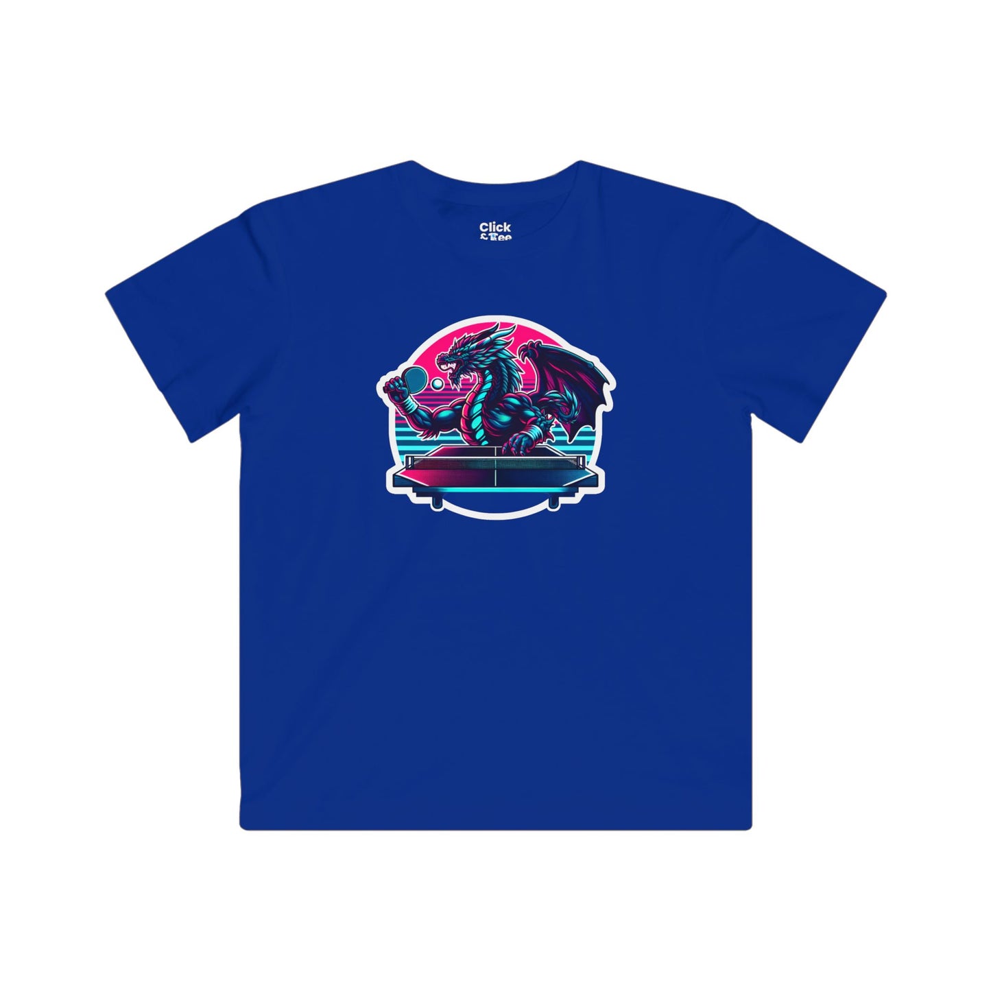 Kids Synthwave T-Shirt - Powerful Dragon Playing Ping Pong - Synthwave Style T-Shirt