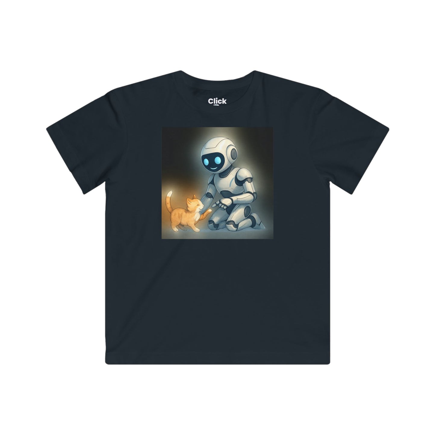 Kids Futuristic T-Shirt - Happy AI Humanoid Robot Playing with a kitten - Futuristic Style T-Shirt