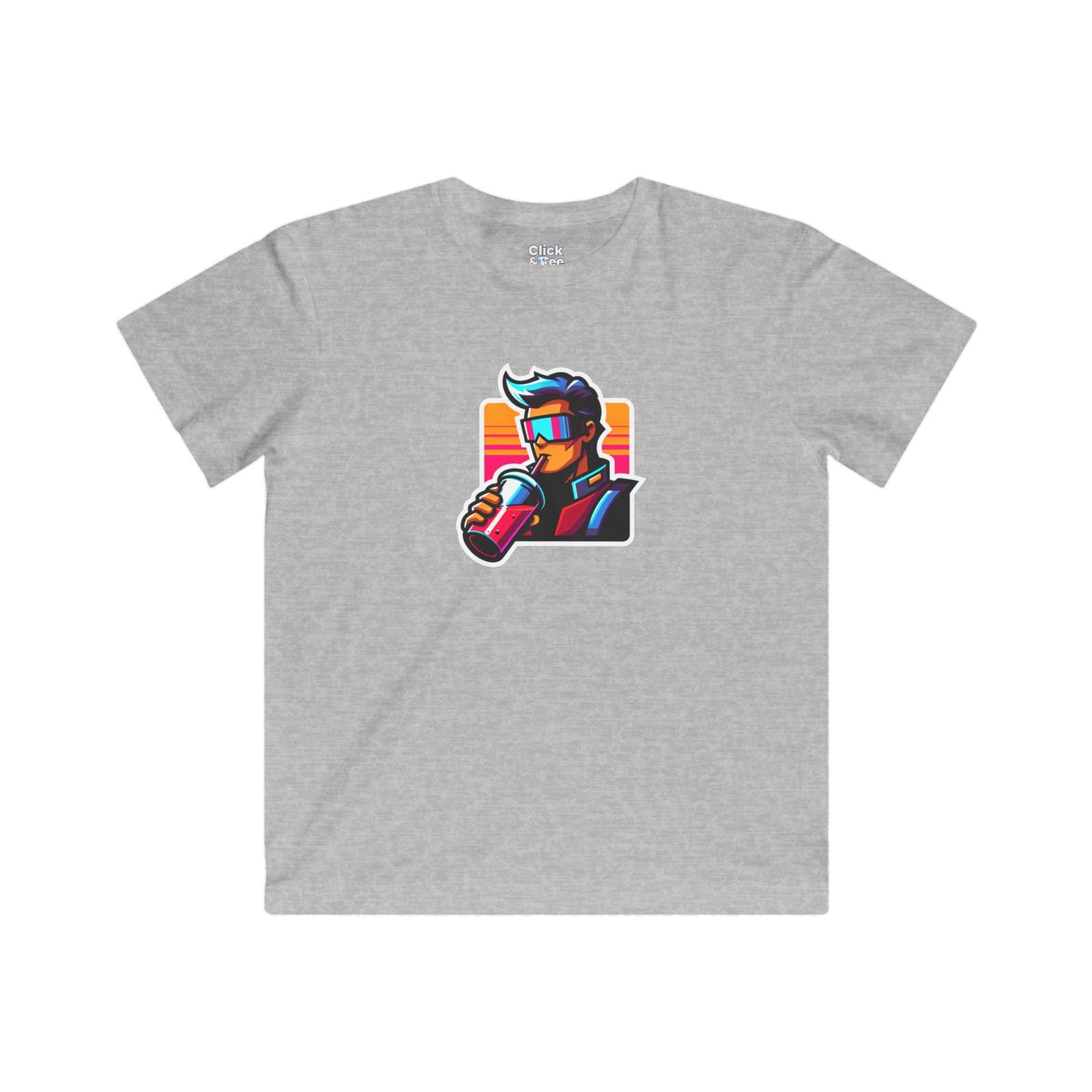 Kids Cartoon T-Shirt - Retro-futuristic Maverick Drinking a Smoothie - Cartoon Style T-Shirt