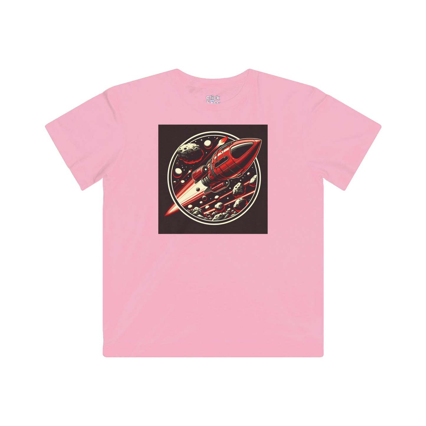 Kids Realistic T-Shirt - Retro-Futuristic Red Rocketship Racing through a treacherous asteroid field - Realistic Style T-Shirt