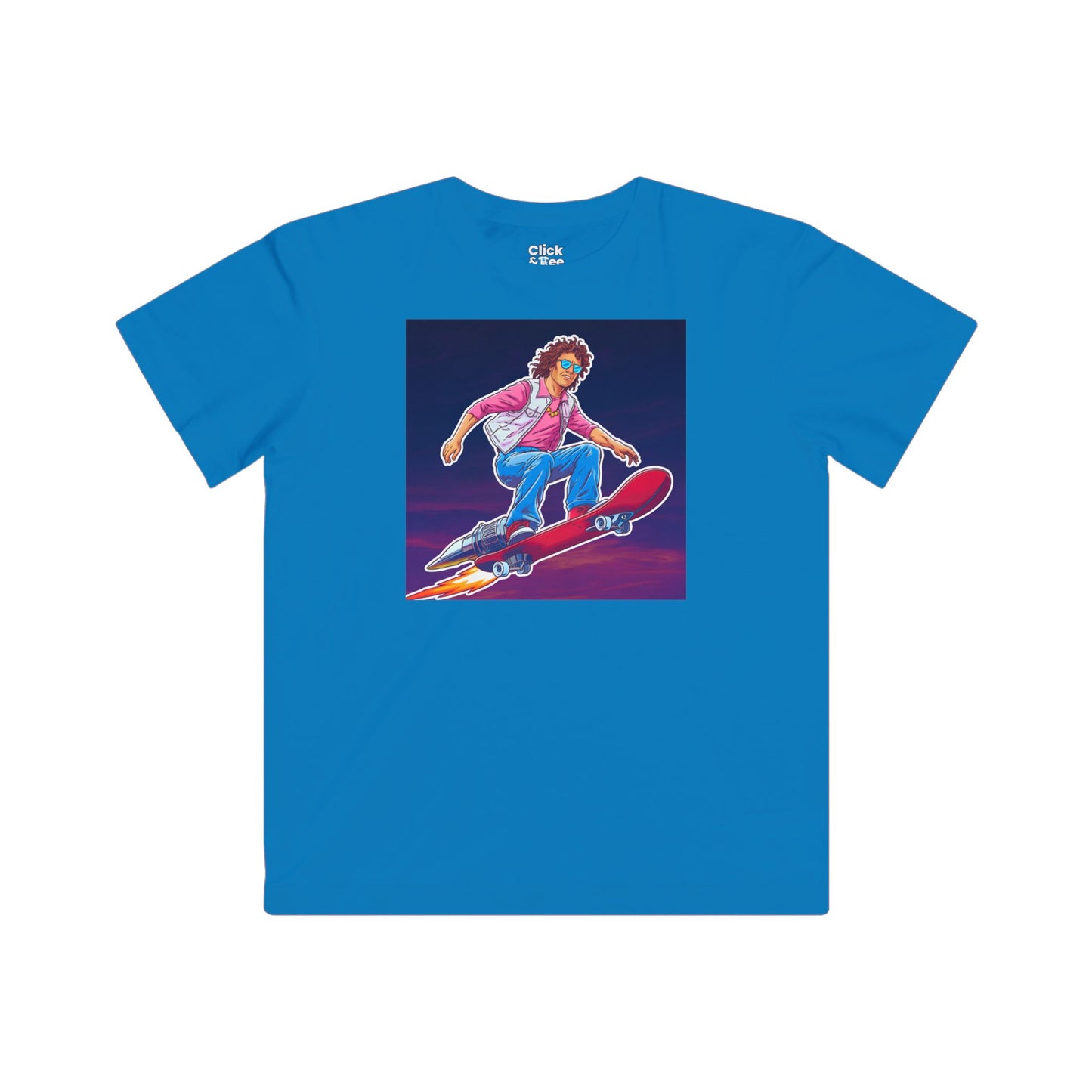 Kids 80s Neon T-Shirt - Tousled Adventurer Riding a Rocket-Powered Skateboard - 80s Neon Style T-Shirt