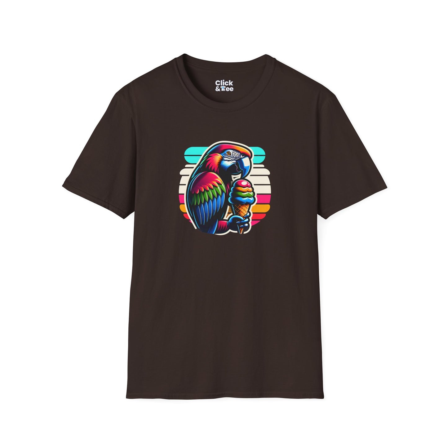 80s Neon T-Shirt - Tropical Parrot Eating rainbow ice cream - 80s Neon Style T-Shirt