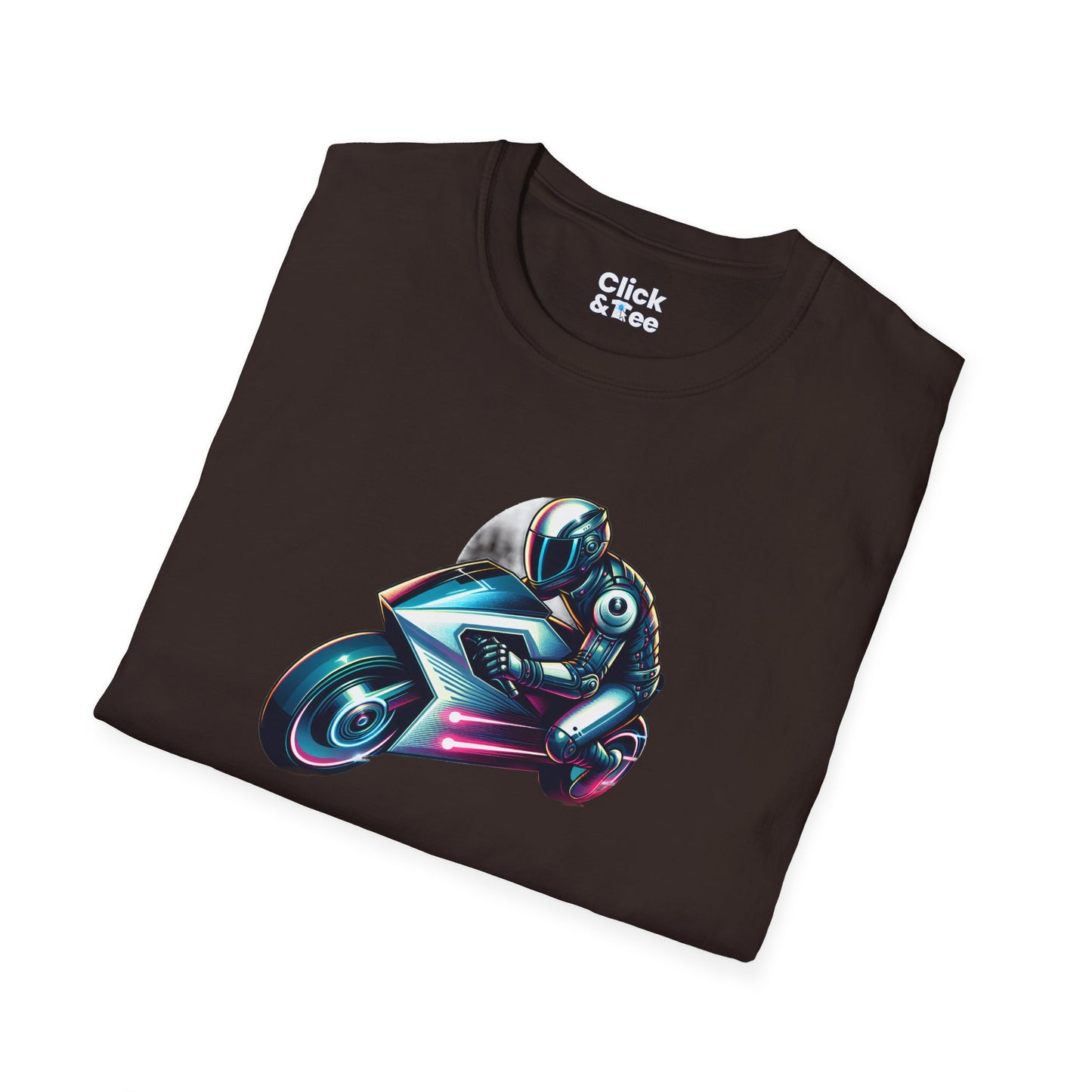 Synthwave T-Shirt - Futuristic Racer Riding a futuristic light bike - Synthwave Style T-Shirt