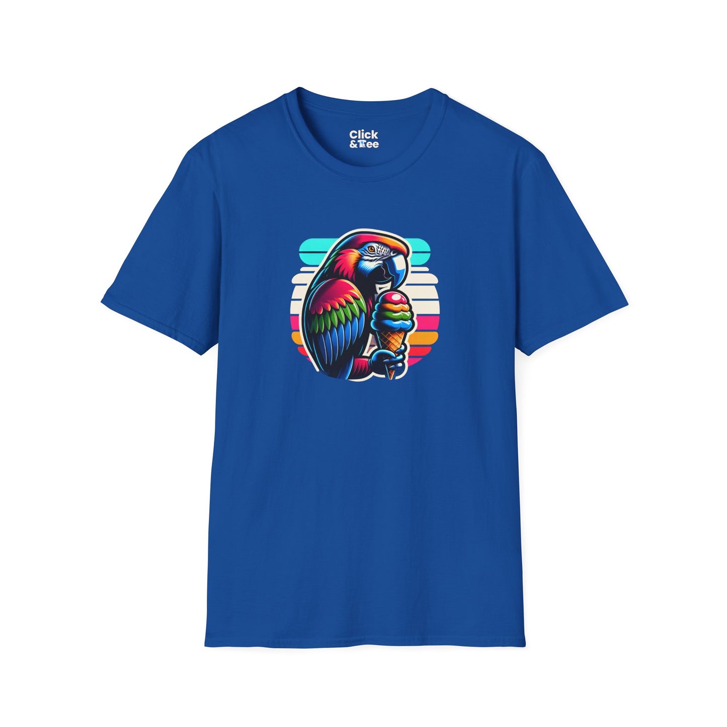 80s Neon T-Shirt - Tropical Parrot Eating rainbow ice cream - 80s Neon Style T-Shirt