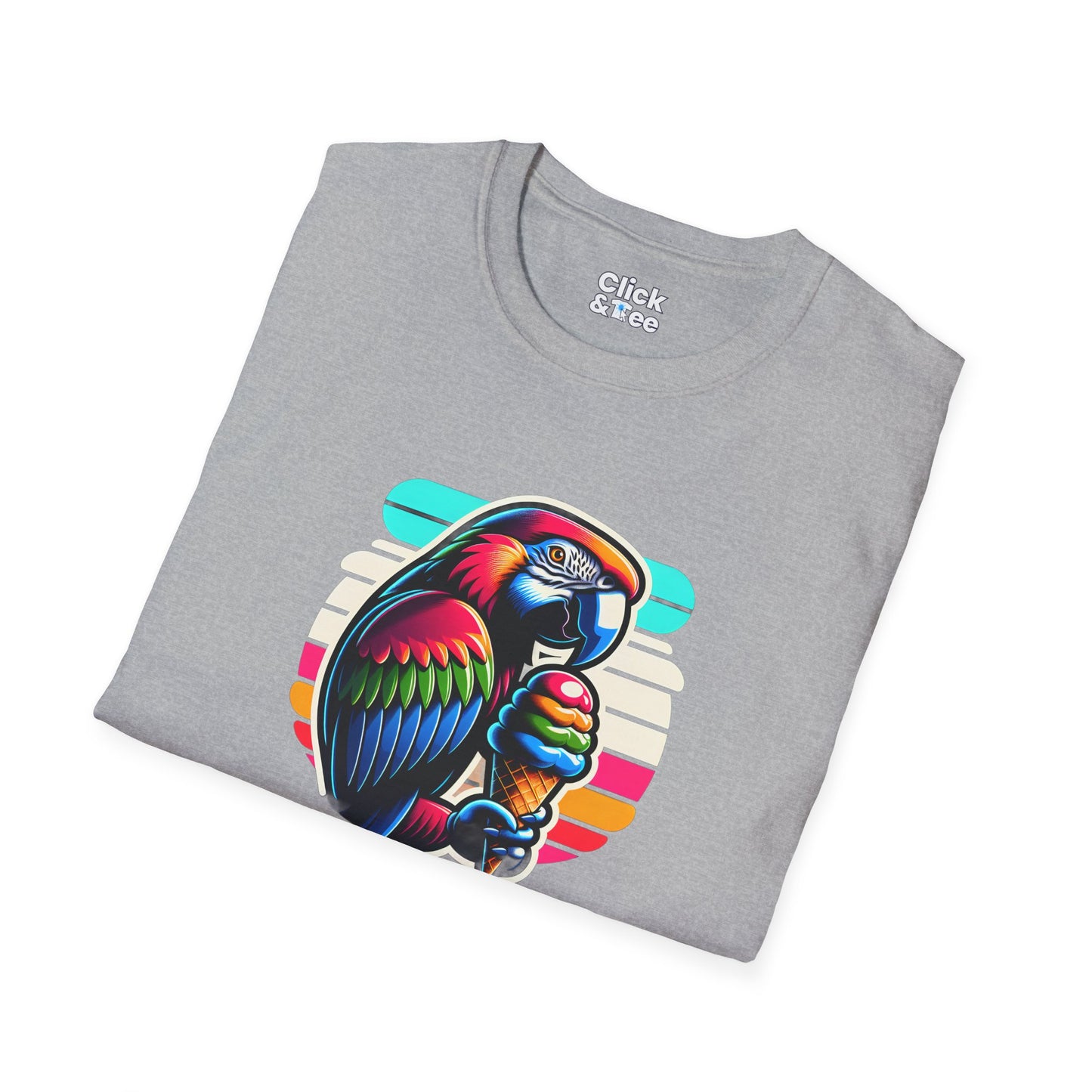 80s Neon T-Shirt - Tropical Parrot Eating rainbow ice cream - 80s Neon Style T-Shirt