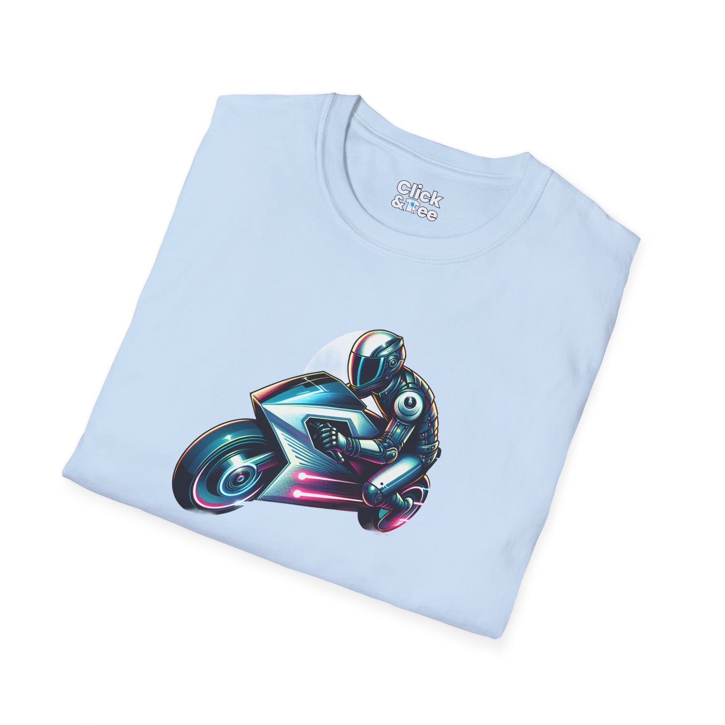 Synthwave T-Shirt - Futuristic Racer Riding a futuristic light bike - Synthwave Style T-Shirt