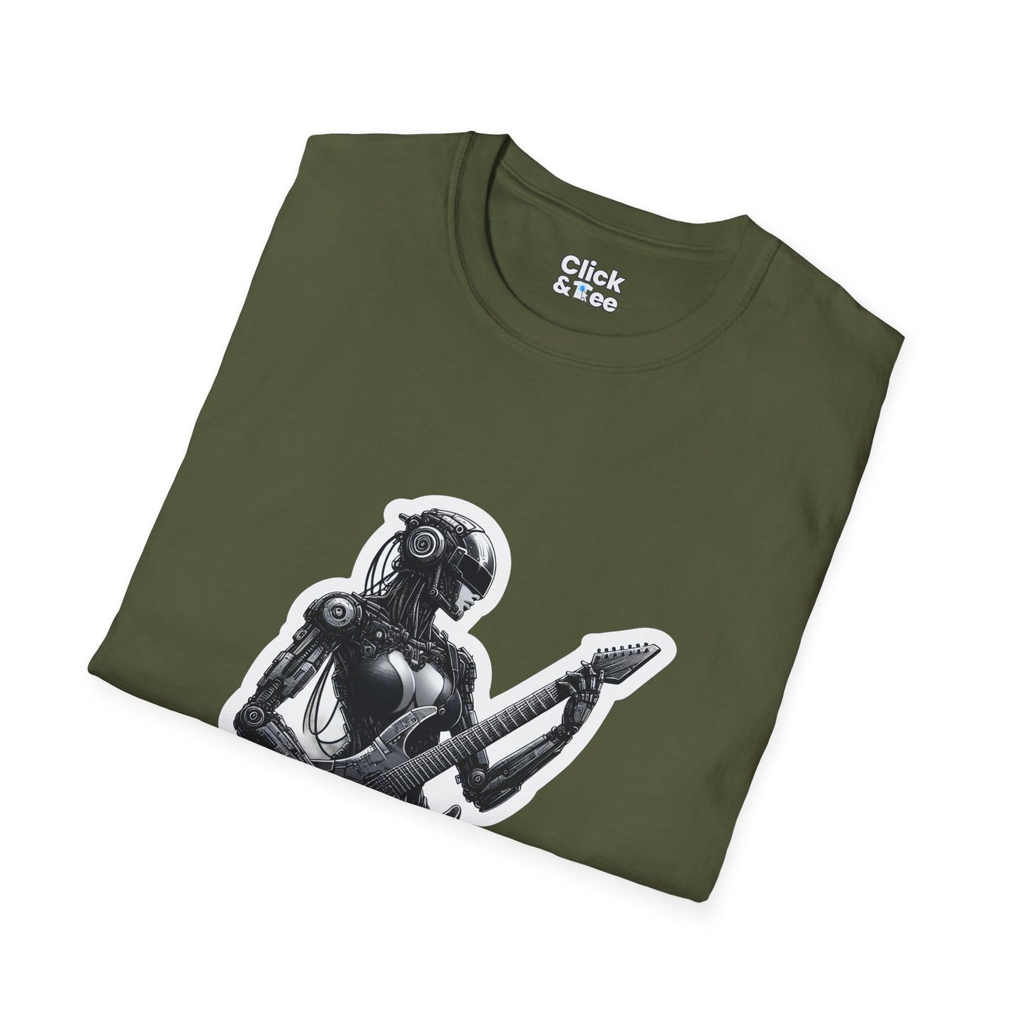 Cyberpunk T-Shirt - Post-Apocalyptic Futuristic Female Robot Playing an electric guitar - Cyberpunk Style T-Shirt
