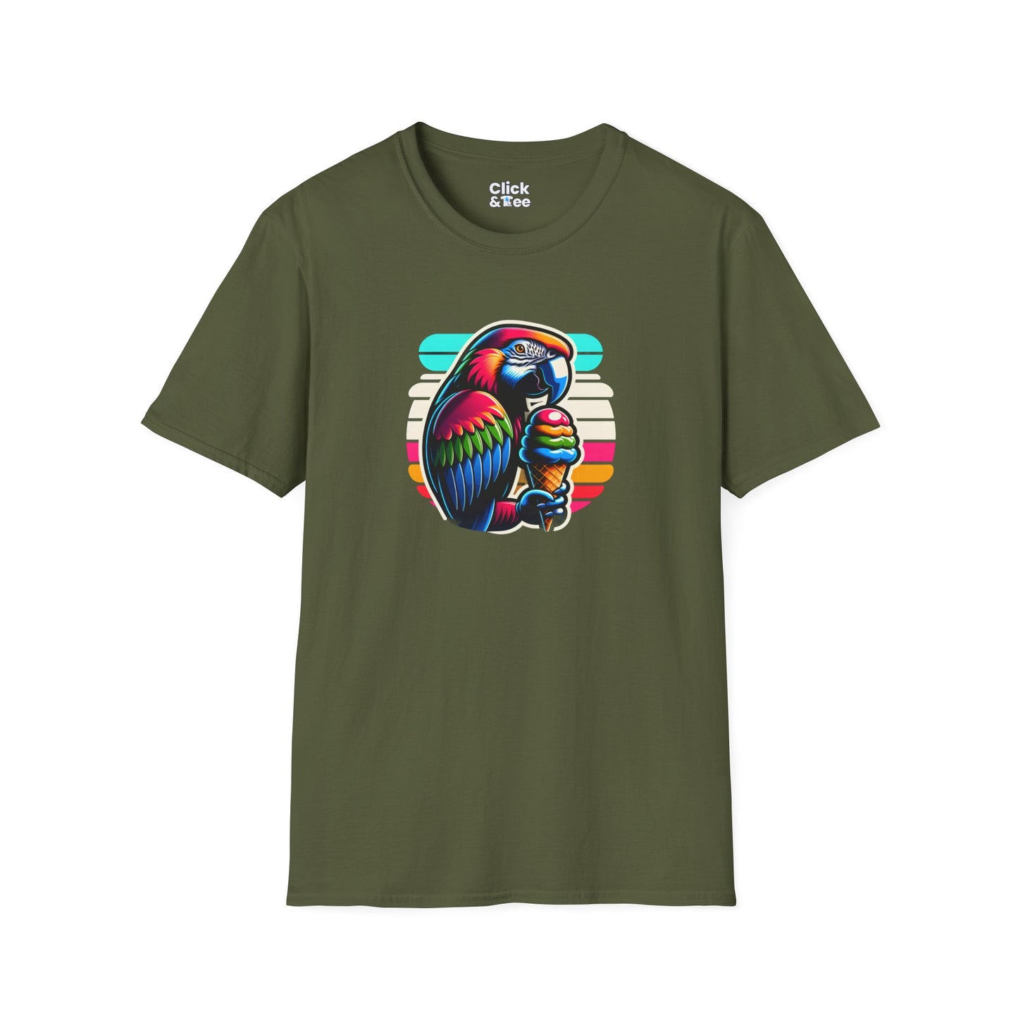 80s Neon T-Shirt - Tropical Parrot Eating rainbow ice cream - 80s Neon Style T-Shirt