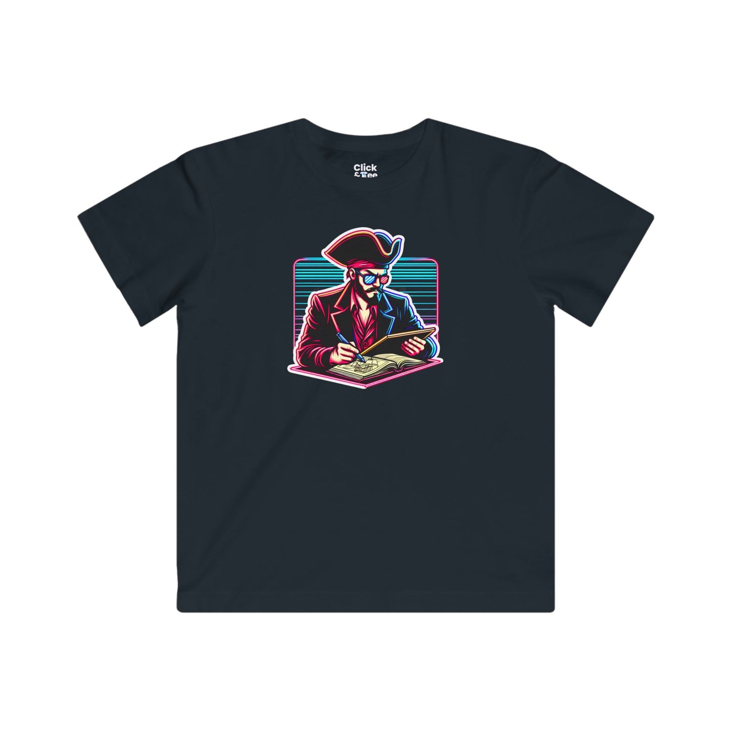 Kids 80s Neon T-Shirt - Retro Pirate Studying Intensely - 80s Neon Style T-Shirt