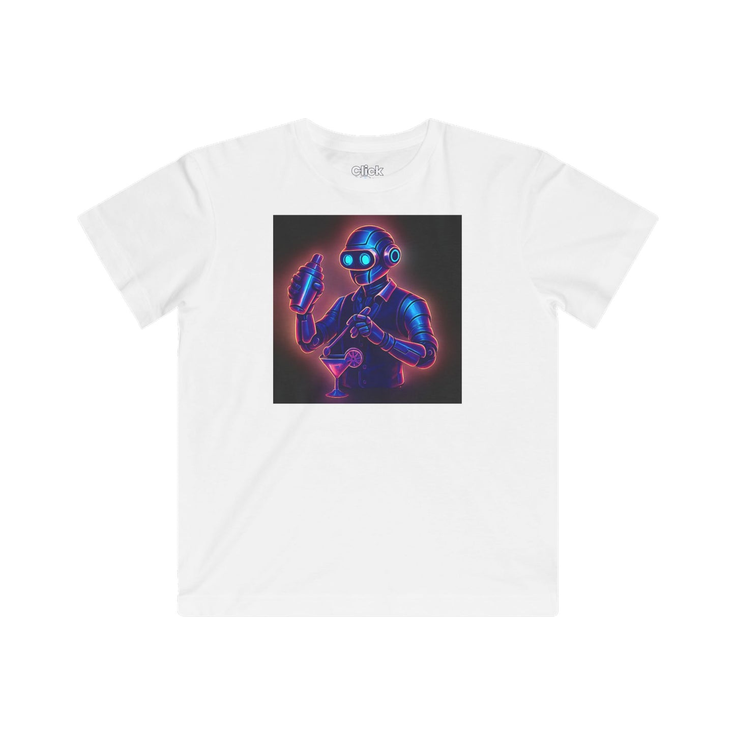 Kids Synthwave T-Shirt - Charming Robot Bartender Mixing a Cocktail - Synthwave Style T-Shirt