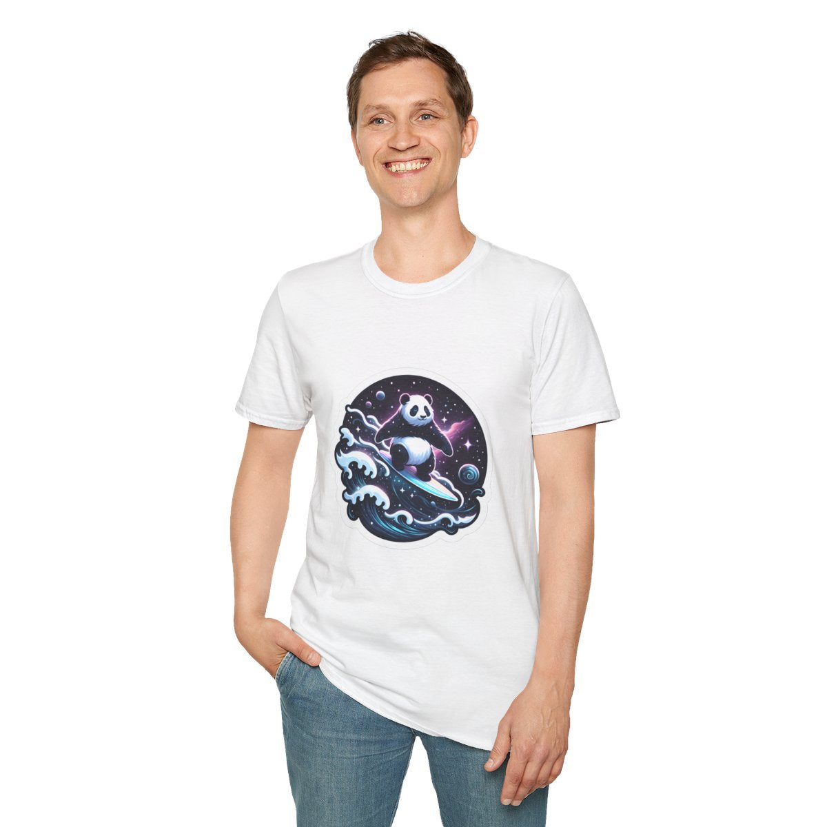 Digital Art T-Shirt - Magical Panda Surfing in space - Digital Art Style T-Shirt