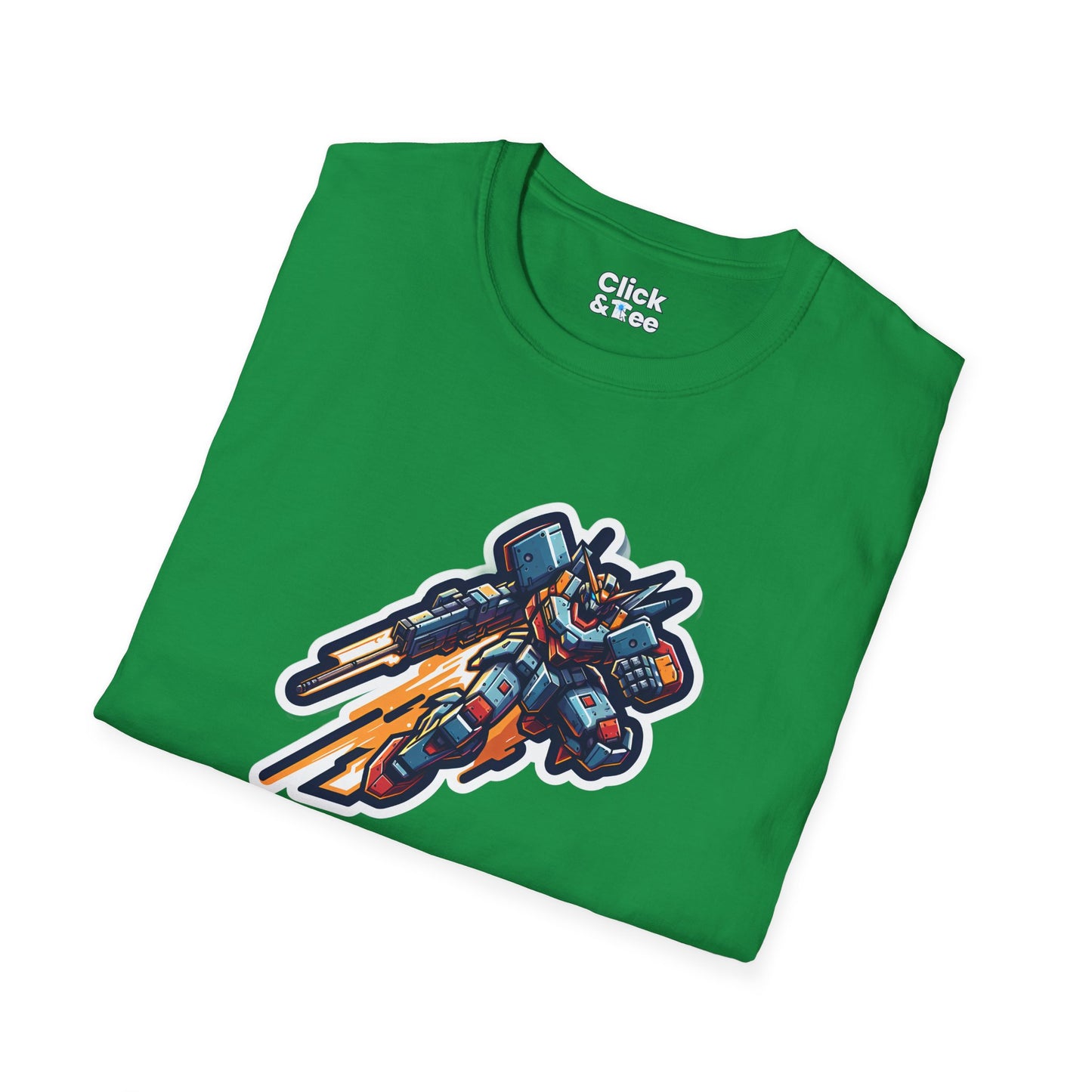 Retro T-Shirt - Battle-scarred Warrior mech rocketing through the air - Retro Style T-Shirt