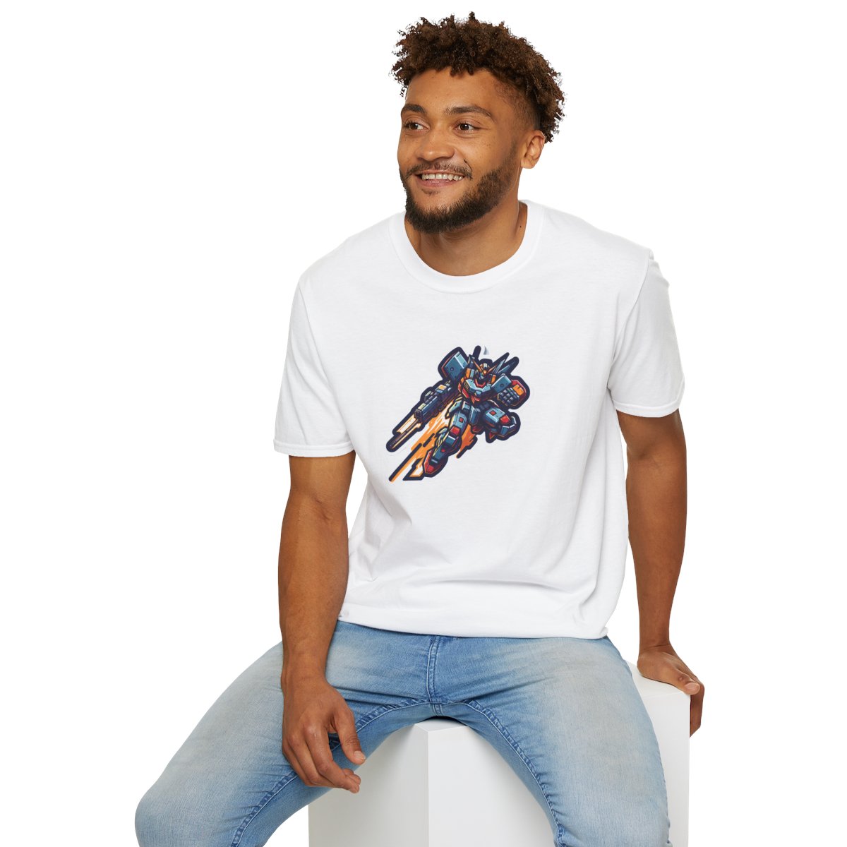 Retro T-Shirt - Battle-scarred Warrior mech rocketing through the air - Retro Style T-Shirt