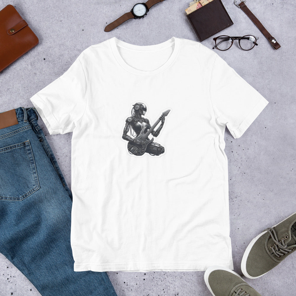 Cyberpunk T-Shirt - Post-Apocalyptic Futuristic Female Robot Playing an electric guitar - Cyberpunk Style T-Shirt