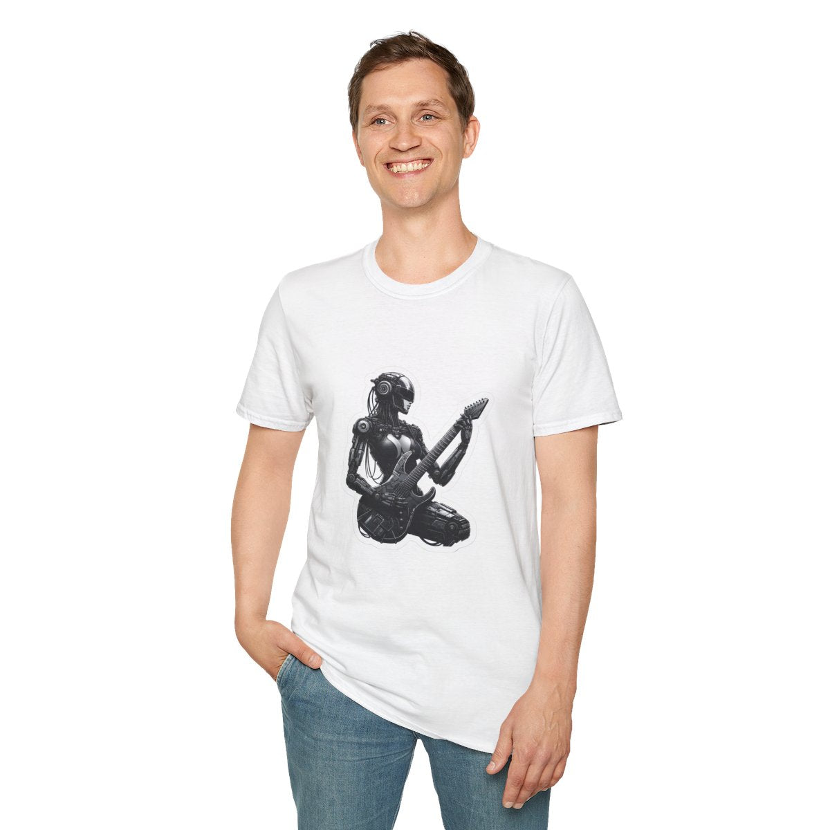 Cyberpunk T-Shirt - Post-Apocalyptic Futuristic Female Robot Playing an electric guitar - Cyberpunk Style T-Shirt